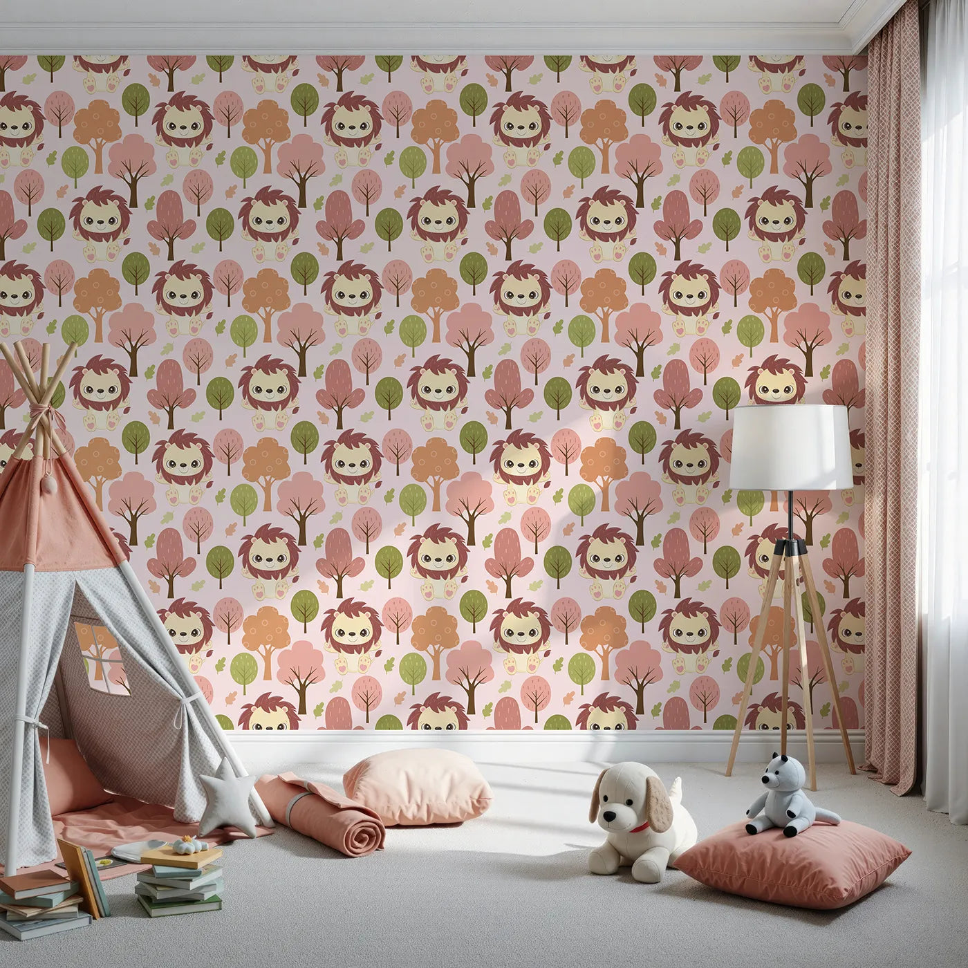 Front view of Whimsy Tots' Autumn Safari Stroll Wallpaper in Pink