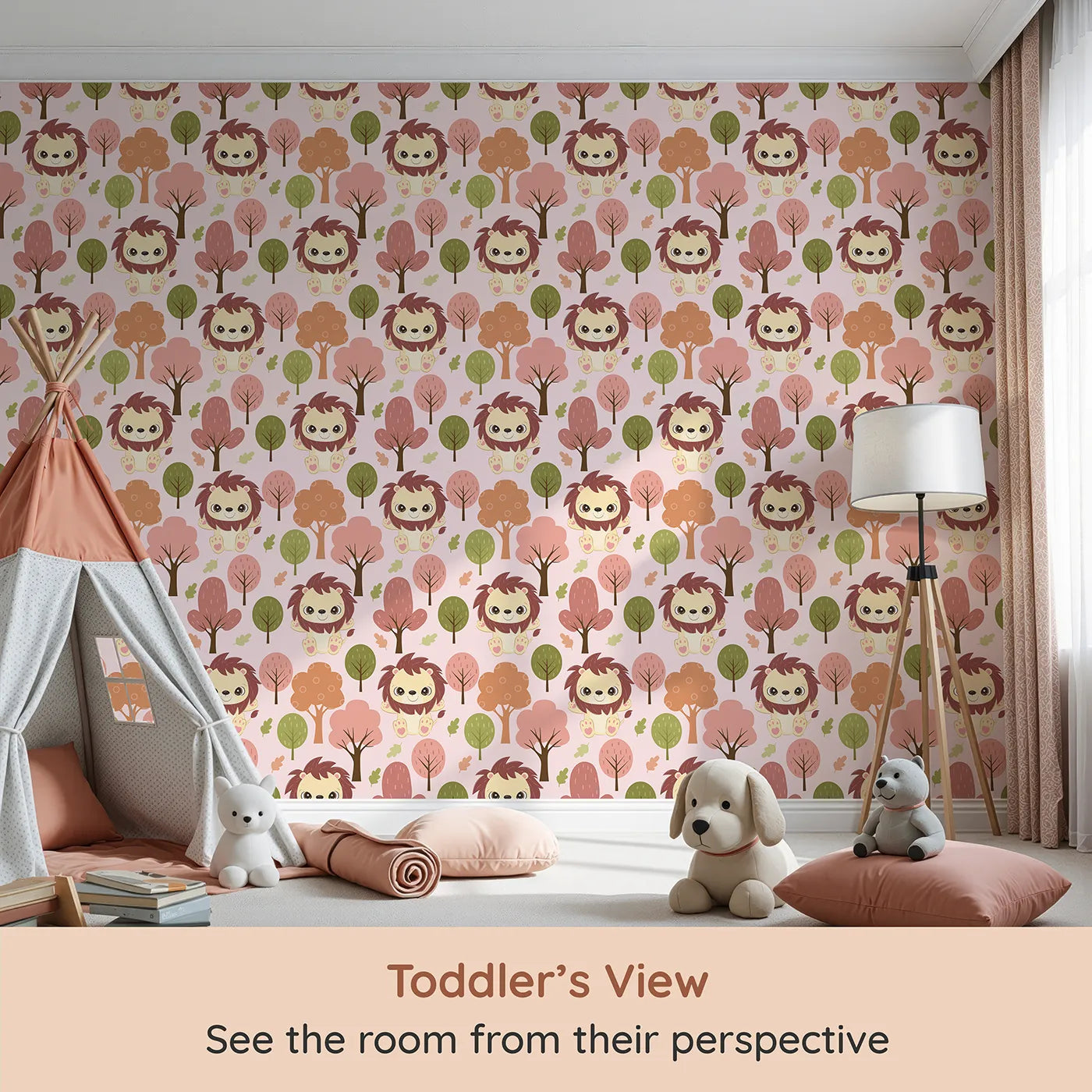 Whimsy Tots Autumn Safari Stroll Wallpaper in Pink (W3021B) from your child's view.Smiling lions and leafy trees bring woodland warmth to every wall.