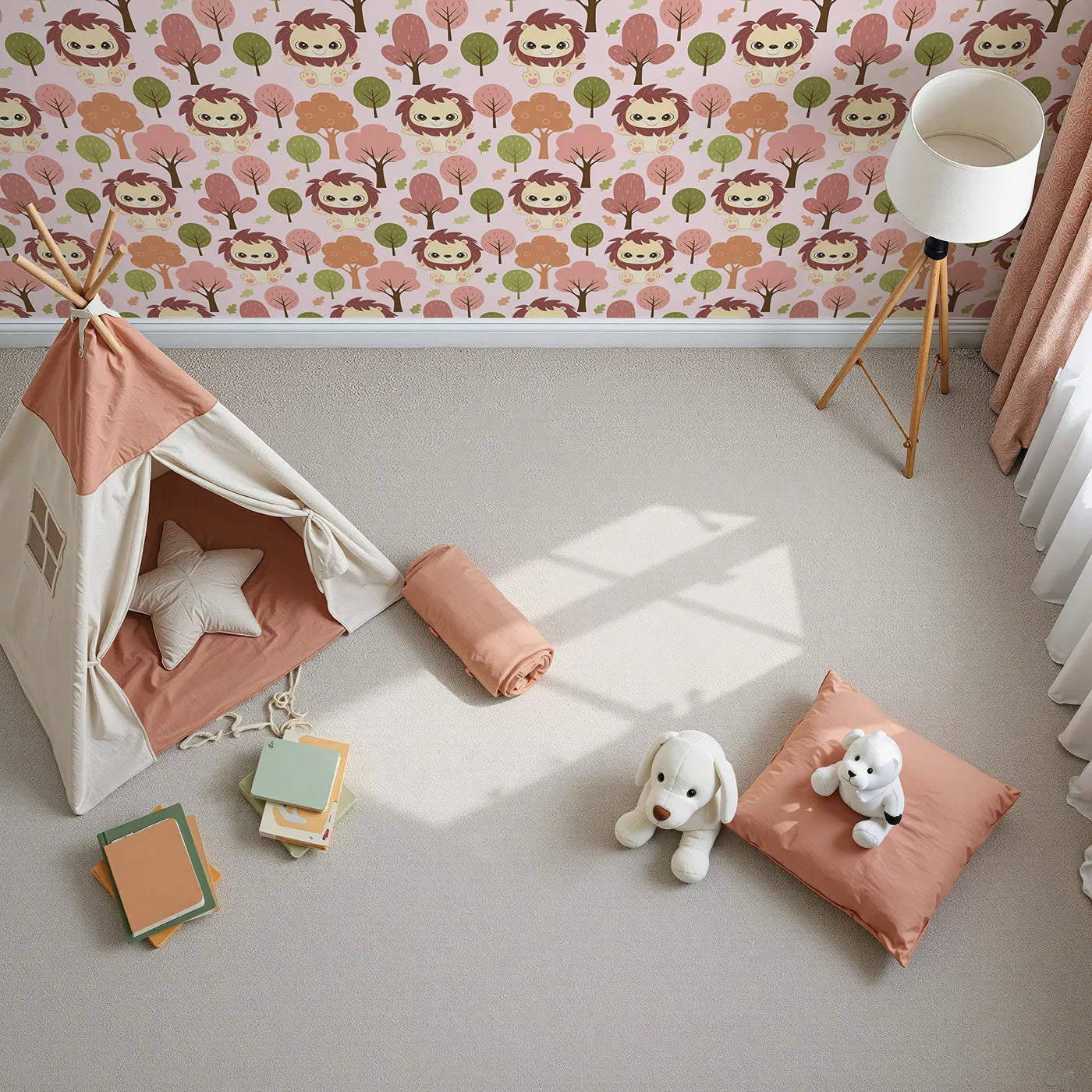Top-Down view of Whimsy Tots' Autumn Safari Stroll Wallpaper in Pink (W3021B).Smiling lions and leafy trees bring woodland warmth to every wall.