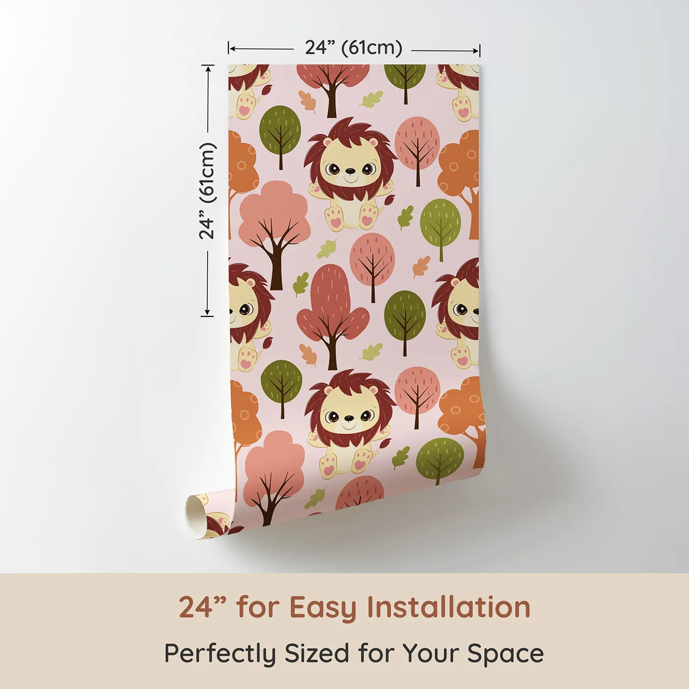 Dimension view of Whimsy Tots Autumn Safari Stroll Wallpaper in Pink (W3021B). Printed in 24-inch-wide panel for easy installation. Smiling lions and leafy trees bring woodland warmth to every wall.