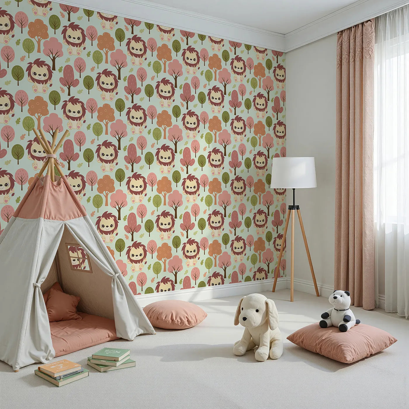Angled view of Whimsy Tots' Autumn Safari Stroll Wallpaper in Mint Green (W3021C).Smiling lions and leafy trees bring woodland warmth to every wall.