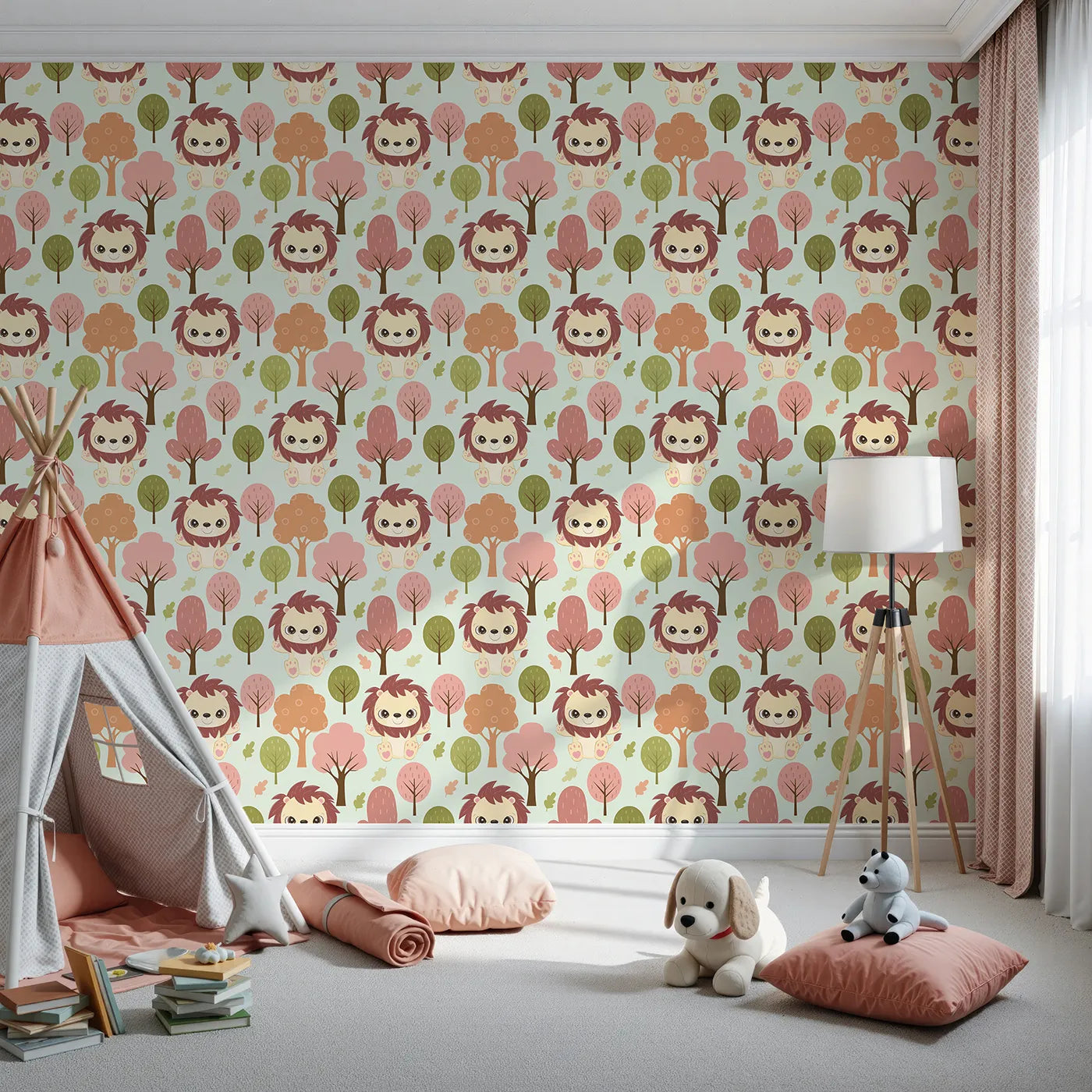 Front view of Whimsy Tots' Autumn Safari Stroll Wallpaper in Mint Green