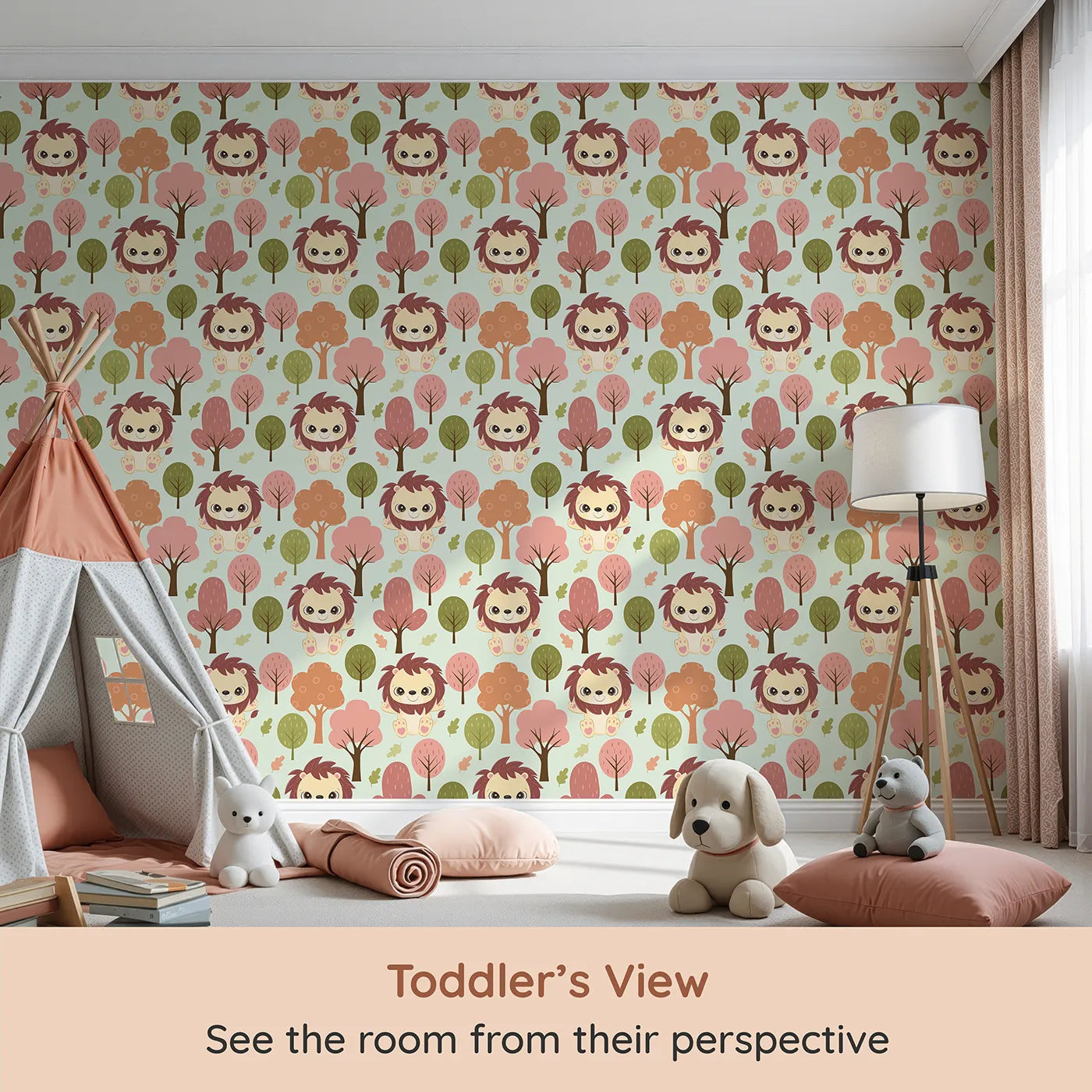 Whimsy Tots Autumn Safari Stroll Wallpaper in Mint Green (W3021C) from your child's view.Smiling lions and leafy trees bring woodland warmth to every wall.
