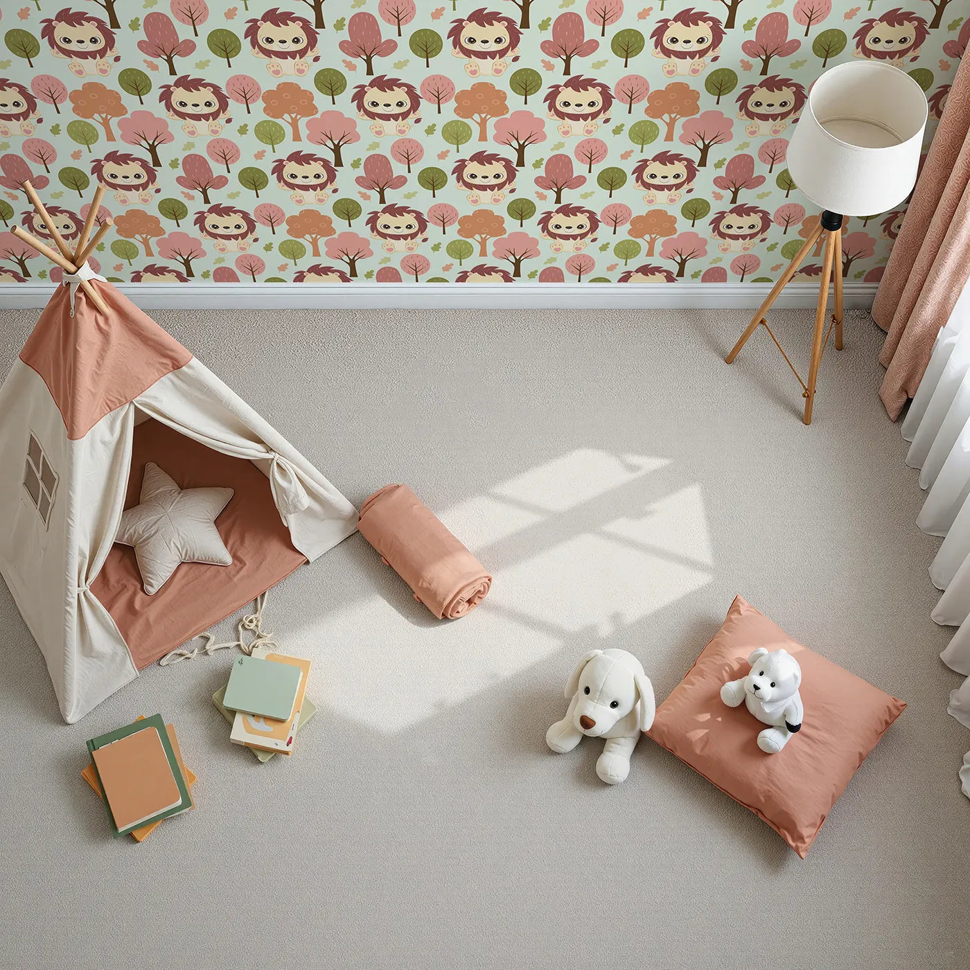 Top-Down view of Whimsy Tots' Autumn Safari Stroll Wallpaper in Mint Green (W3021C).Smiling lions and leafy trees bring woodland warmth to every wall.