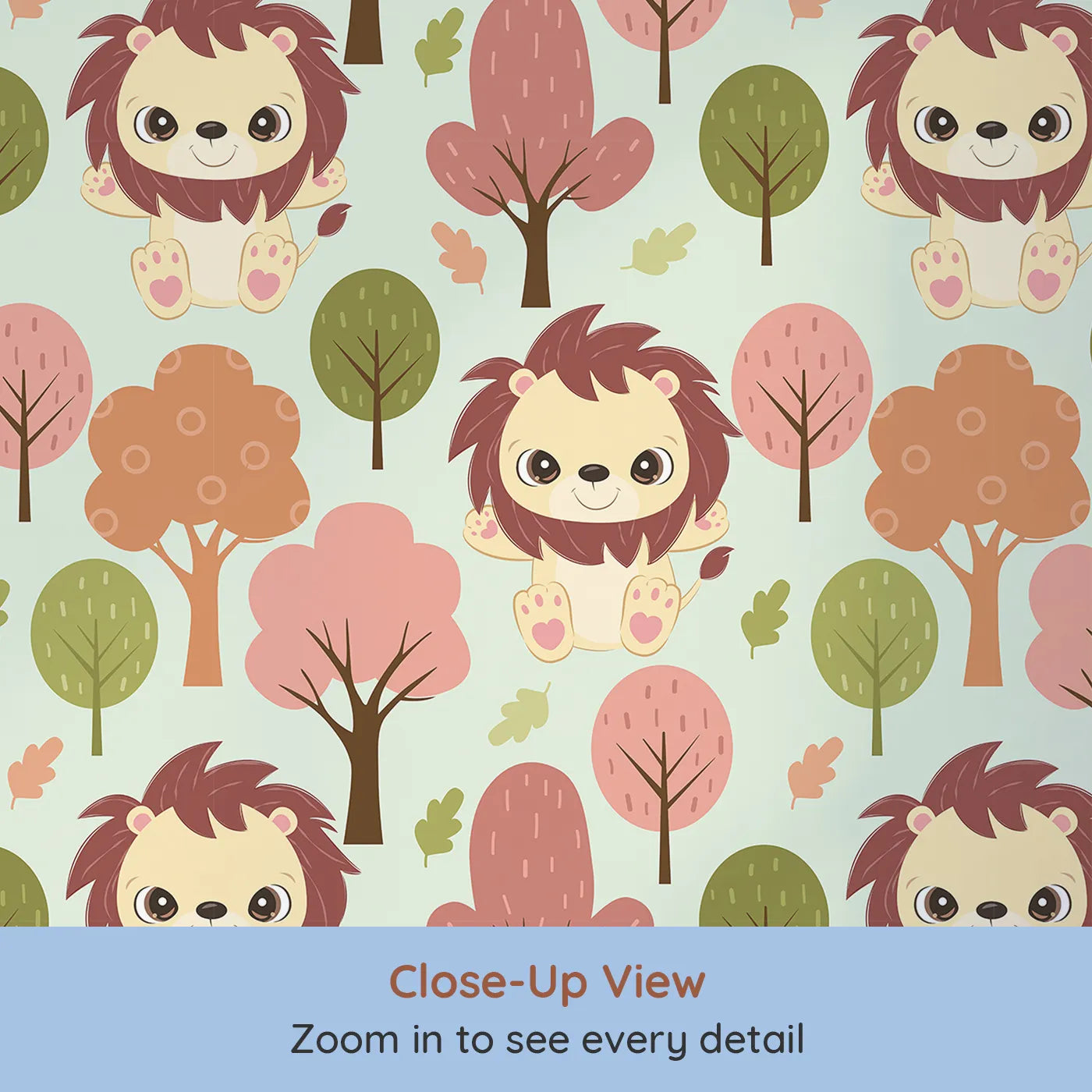 Close-up view of Whimsy Tots' Autumn Safari Stroll Wallpaper in Mint Green (W3021C).Smiling lions and leafy trees bring woodland warmth to every wall.