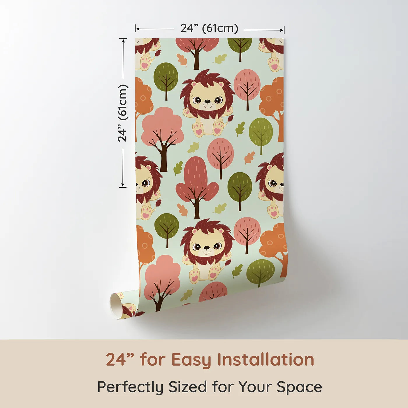 Dimension view of Whimsy Tots Autumn Safari Stroll Wallpaper in Mint Green (W3021C). Printed in 24-inch-wide panel for easy installation. Smiling lions and leafy trees bring woodland warmth to every wall.
