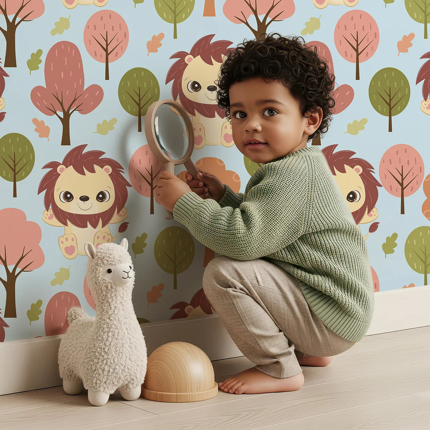 Lovely child standing in front of Whimsy Tots Autumn Safari Stroll Wallpaper in Blue with lion, tree, leaf in design.
