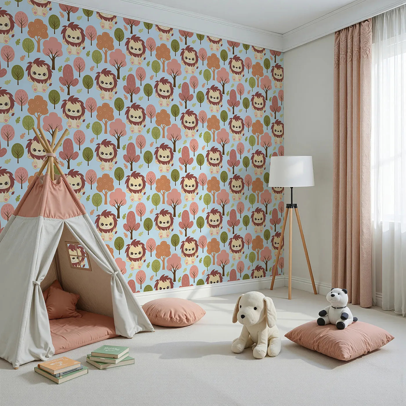 Angled view of Whimsy Tots' Autumn Safari Stroll Wallpaper in Blue (W3021D).Smiling lions and leafy trees bring woodland warmth to every wall.