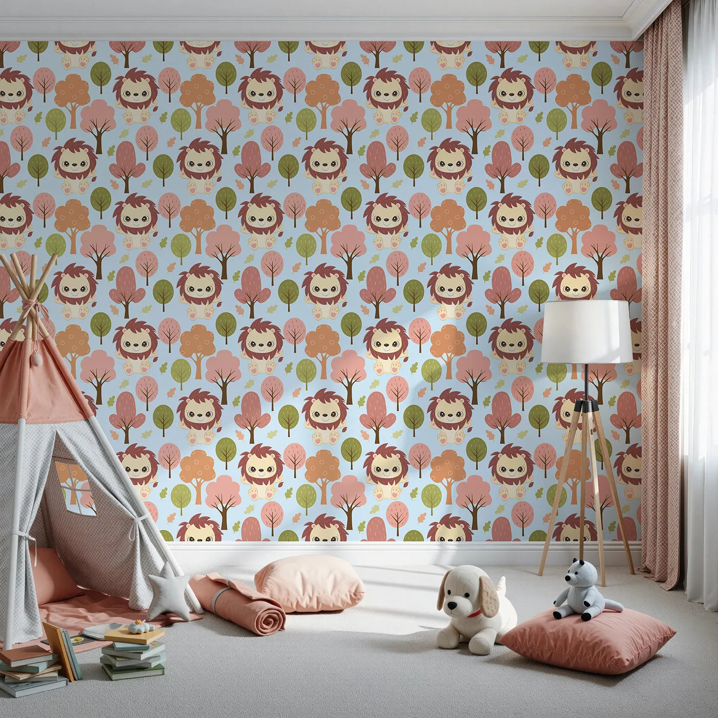 Front view of Whimsy Tots' Autumn Safari Stroll Wallpaper in Blue