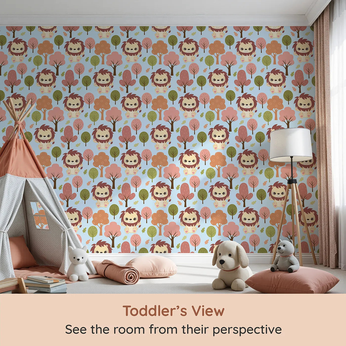 Whimsy Tots Autumn Safari Stroll Wallpaper in Blue (W3021D) from your child's view.Smiling lions and leafy trees bring woodland warmth to every wall.