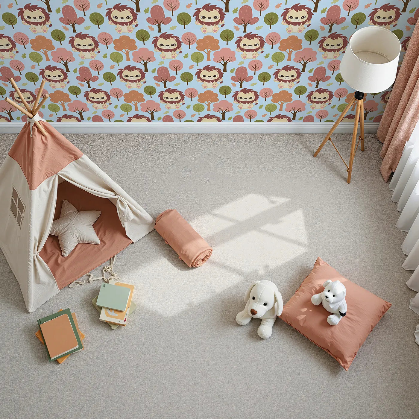Top-Down view of Whimsy Tots' Autumn Safari Stroll Wallpaper in Blue (W3021D).Smiling lions and leafy trees bring woodland warmth to every wall.