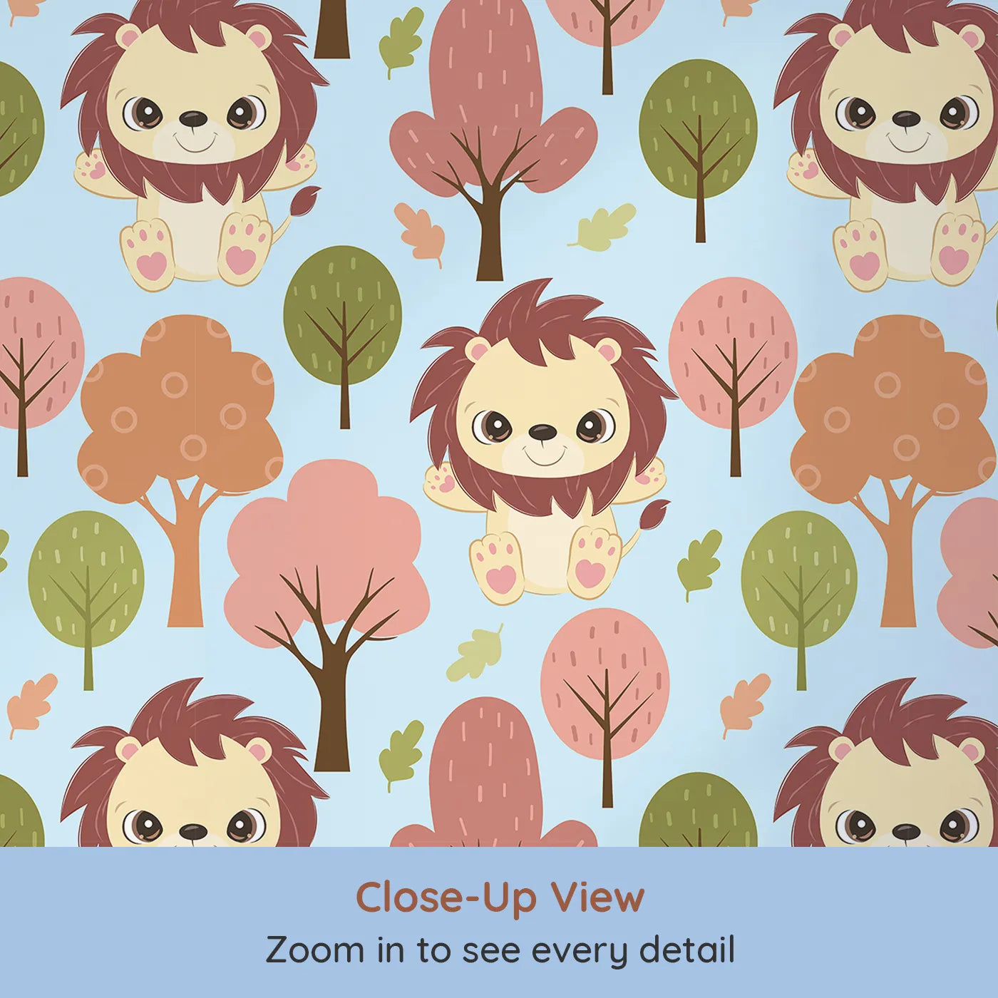 Close-up view of Whimsy Tots' Autumn Safari Stroll Wallpaper in Blue (W3021D).Smiling lions and leafy trees bring woodland warmth to every wall.