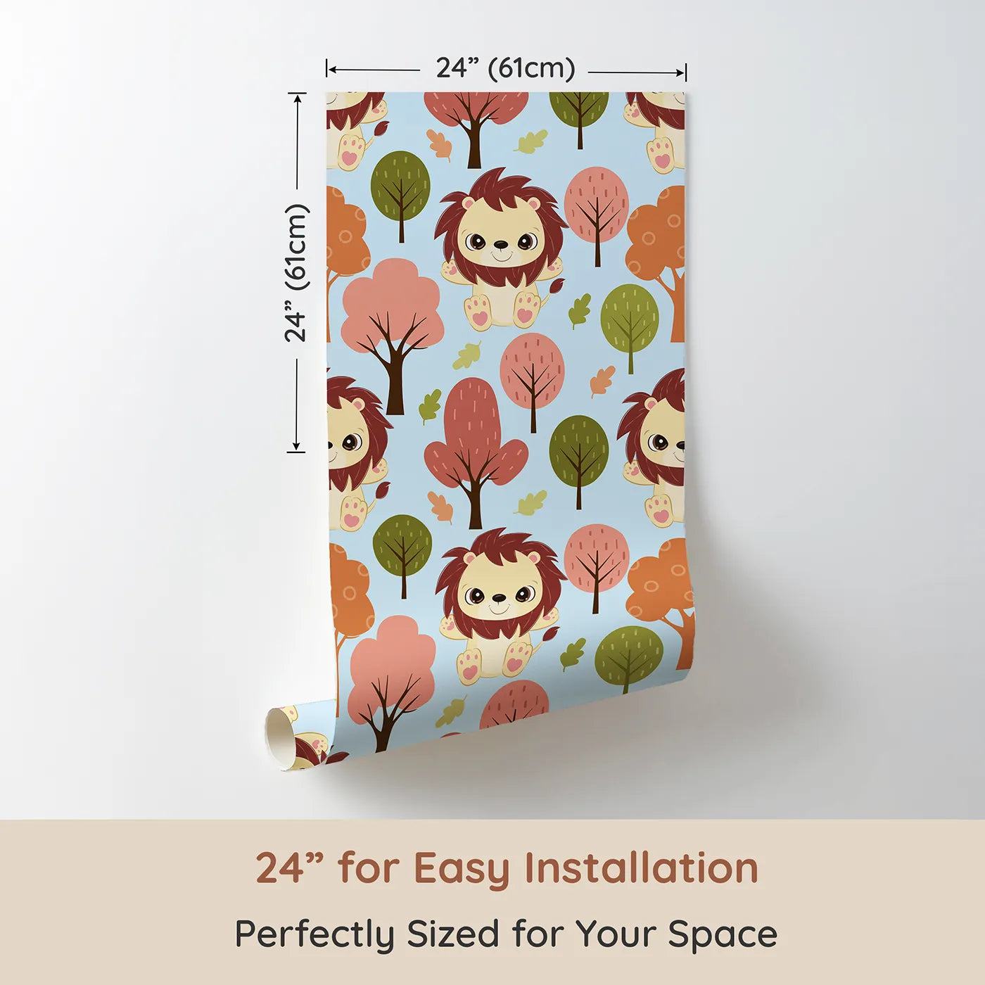 Dimension view of Whimsy Tots Autumn Safari Stroll Wallpaper in Blue (W3021D). Printed in 24-inch-wide panel for easy installation. Smiling lions and leafy trees bring woodland warmth to every wall.