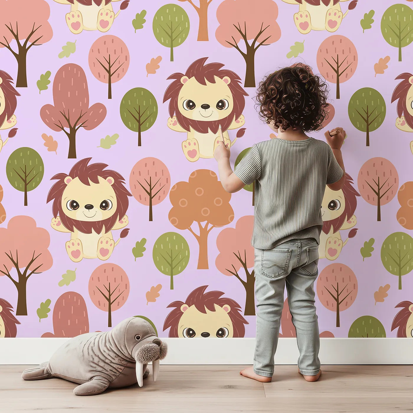 Lovely child standing in front of Whimsy Tots Autumn Safari Stroll Wallpaper in Purple with lion, tree, leaf in design.