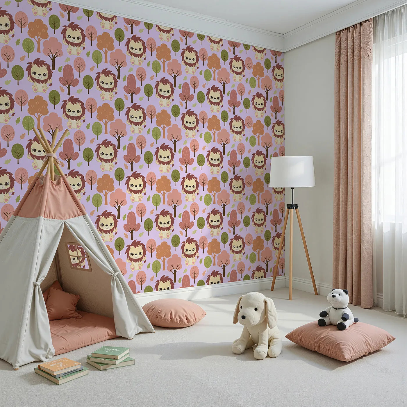 Angled view of Whimsy Tots' Autumn Safari Stroll Wallpaper in Purple (W3021E).Smiling lions and leafy trees bring woodland warmth to every wall.