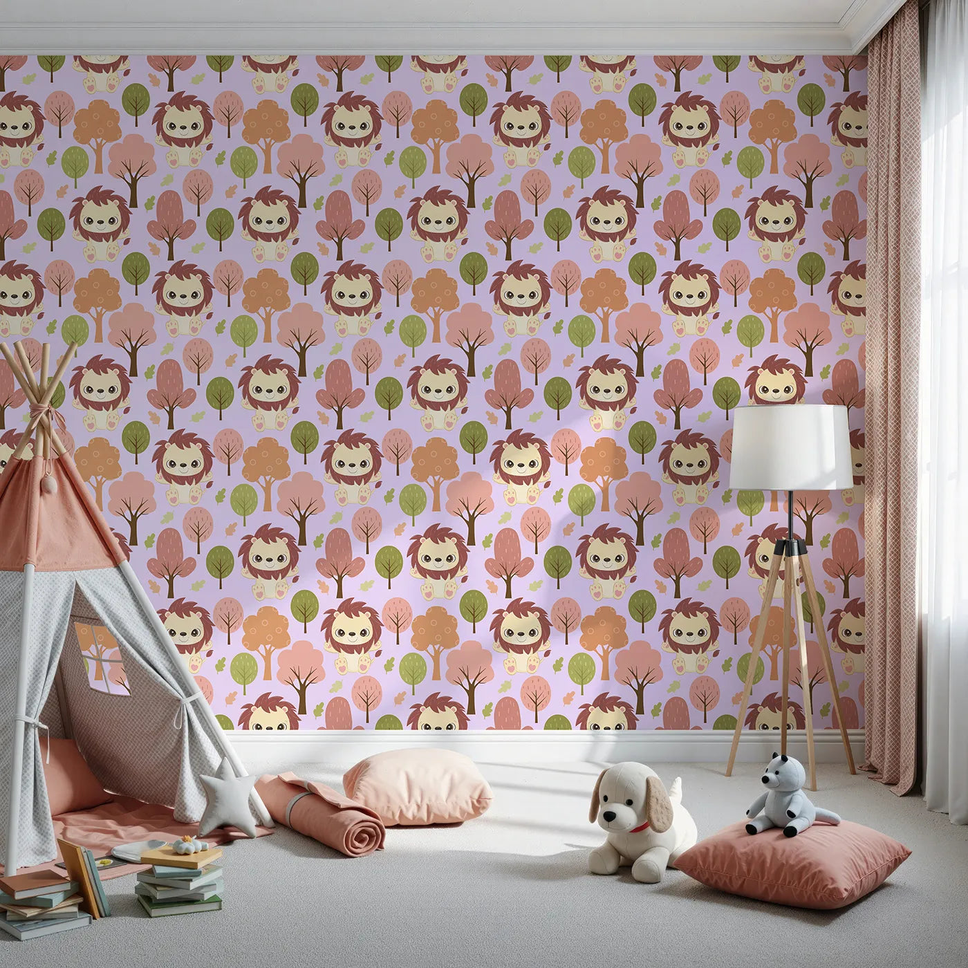 Front view of Whimsy Tots' Autumn Safari Stroll Wallpaper in Purple