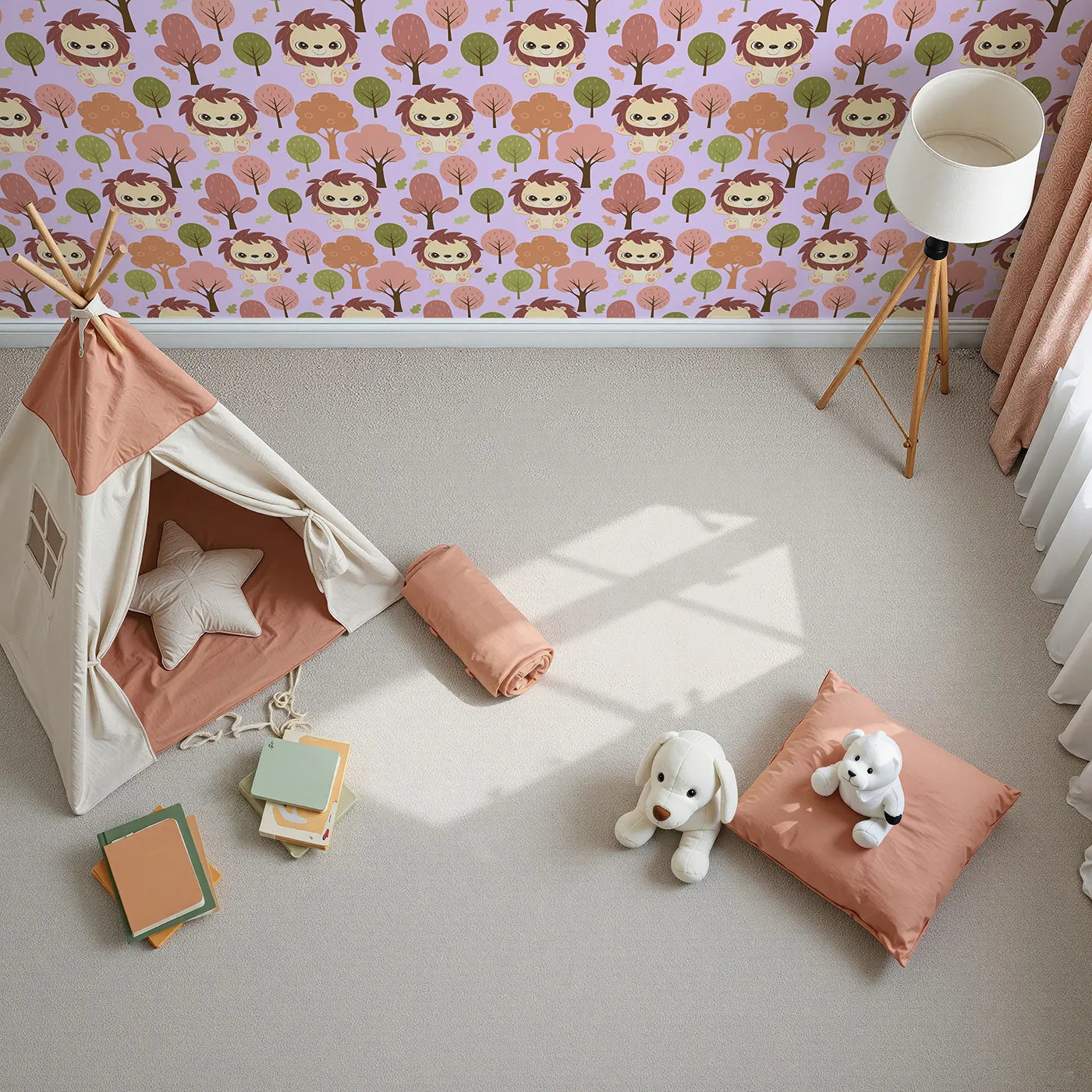 Top-Down view of Whimsy Tots' Autumn Safari Stroll Wallpaper in Purple (W3021E).Smiling lions and leafy trees bring woodland warmth to every wall.