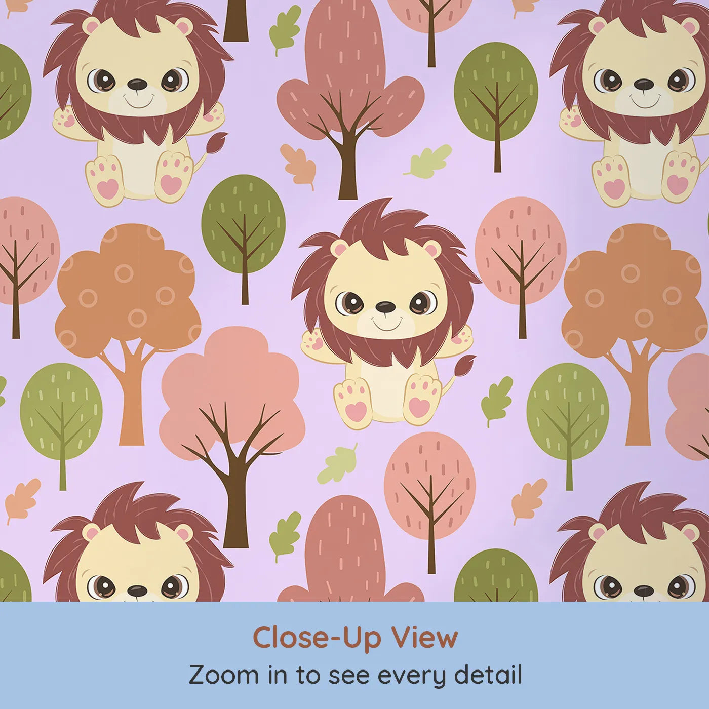 Close-up view of Whimsy Tots' Autumn Safari Stroll Wallpaper in Purple (W3021E).Smiling lions and leafy trees bring woodland warmth to every wall.