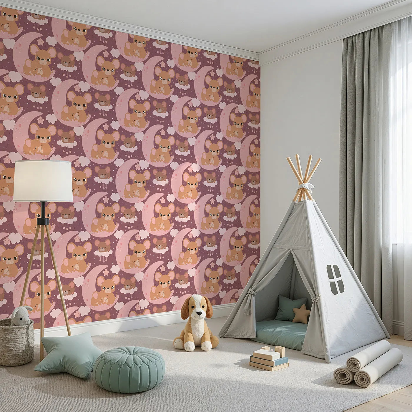Angled view of Whimsy Tots' Moonlight Mouse Cuddles Wallpaper in Plum (W3022A).Sweet mice snuggled under stars bring warmth and wonder to bedtime.
