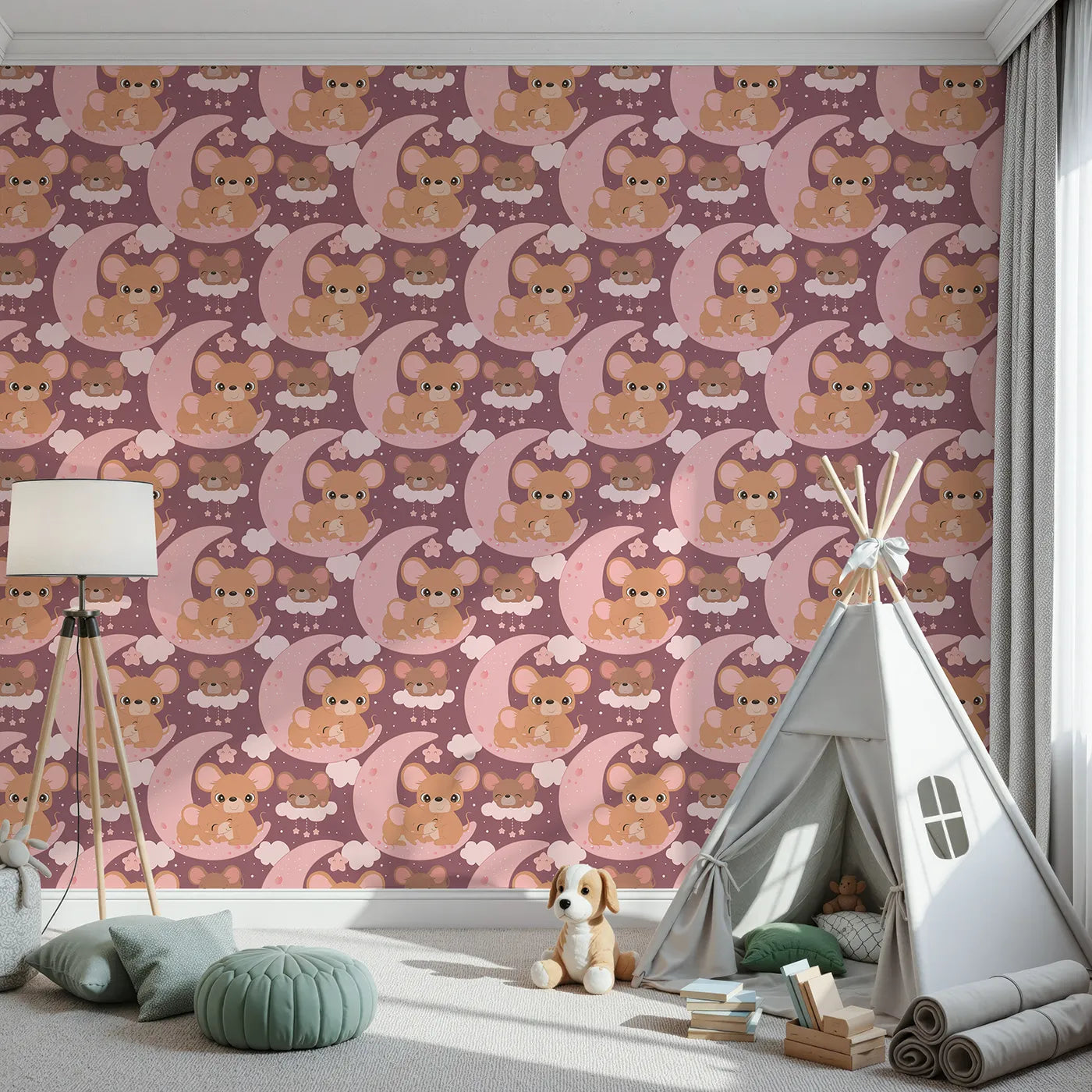 Front view of Whimsy Tots' Moonlight Mouse Cuddles Wallpaper in Plum