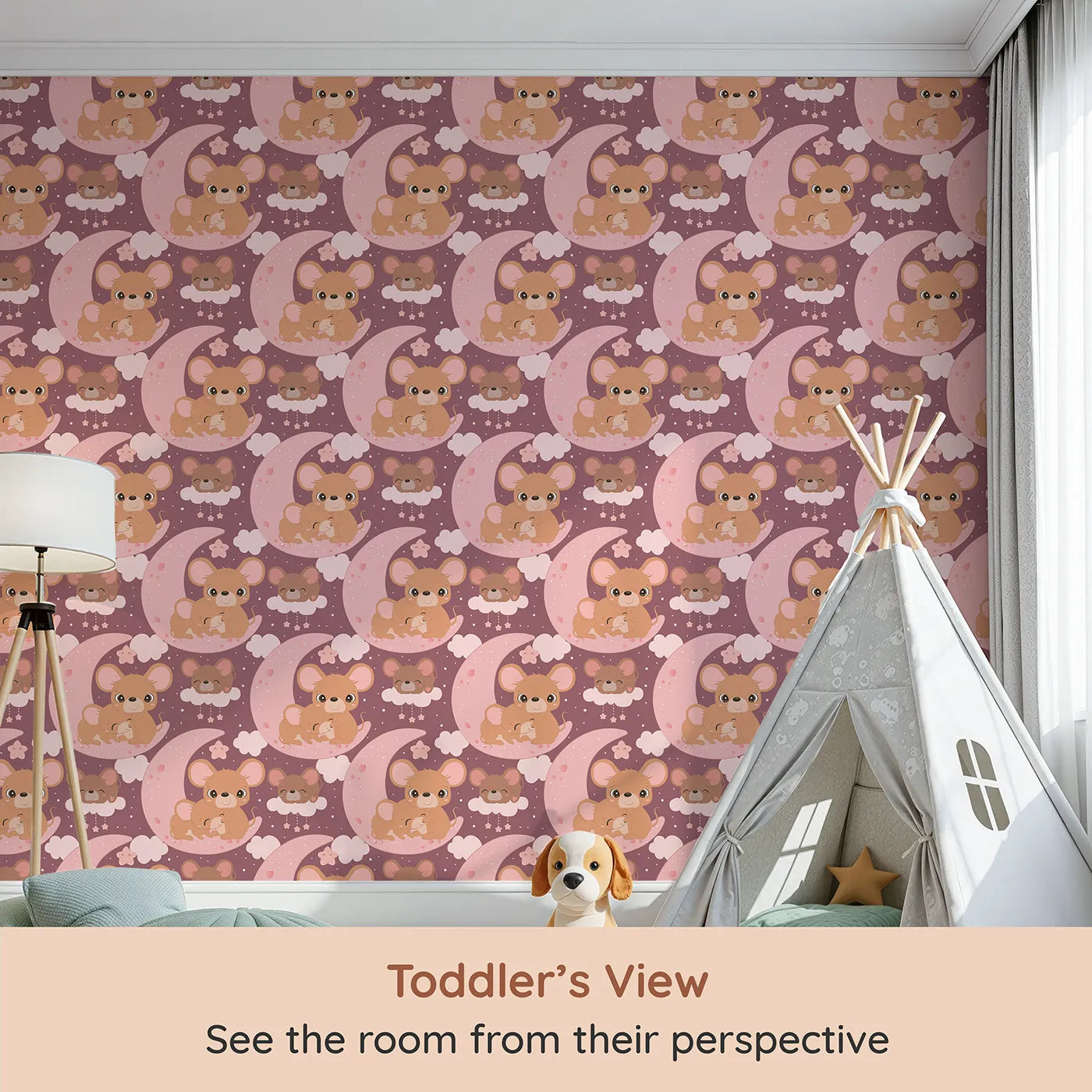Whimsy Tots Moonlight Mouse Cuddles Wallpaper in Plum (W3022A) from your child's view.Sweet mice snuggled under stars bring warmth and wonder to bedtime.