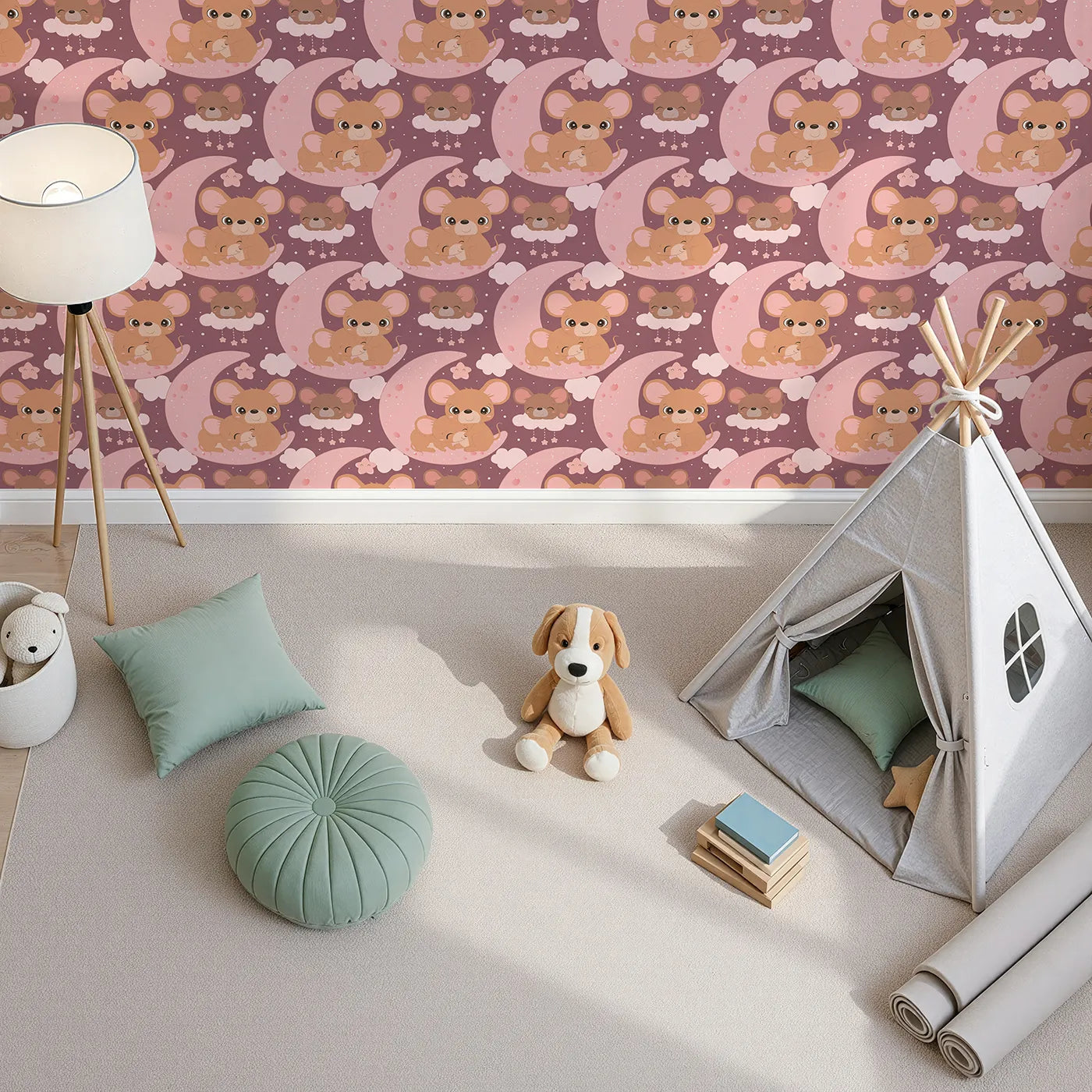 Top-Down view of Whimsy Tots' Moonlight Mouse Cuddles Wallpaper in Plum (W3022A).Sweet mice snuggled under stars bring warmth and wonder to bedtime.