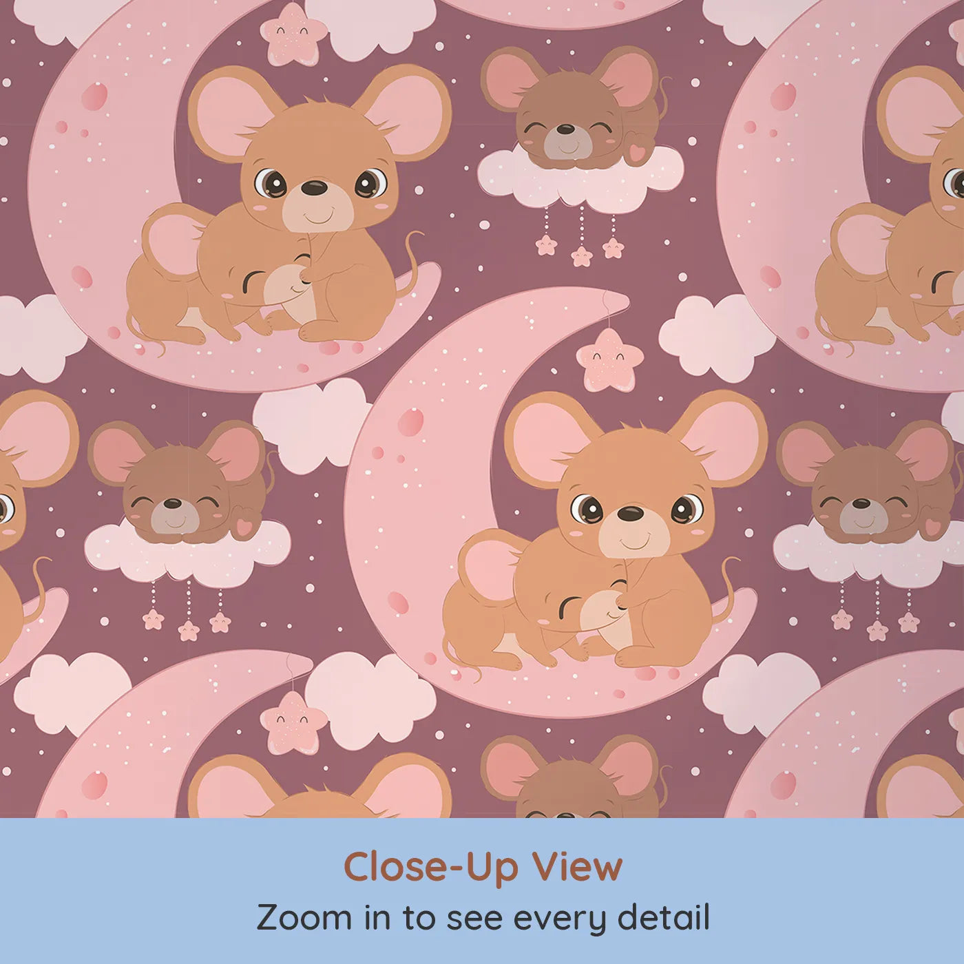 Close-up view of Whimsy Tots' Moonlight Mouse Cuddles Wallpaper in Plum (W3022A).Sweet mice snuggled under stars bring warmth and wonder to bedtime.