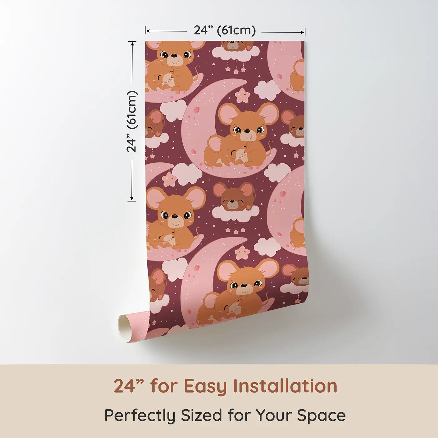 Dimension view of Whimsy Tots Moonlight Mouse Cuddles Wallpaper in Plum (W3022A). Printed in 24-inch-wide panel for easy installation. Sweet mice snuggled under stars bring warmth and wonder to bedtime.