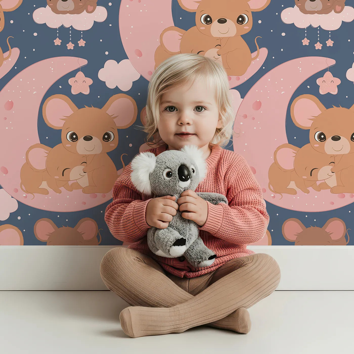 Lovely child standing in front of Whimsy Tots Moonlight Mouse Cuddles Wallpaper in Navy Blue with mouse, moon, cloud, star in design.