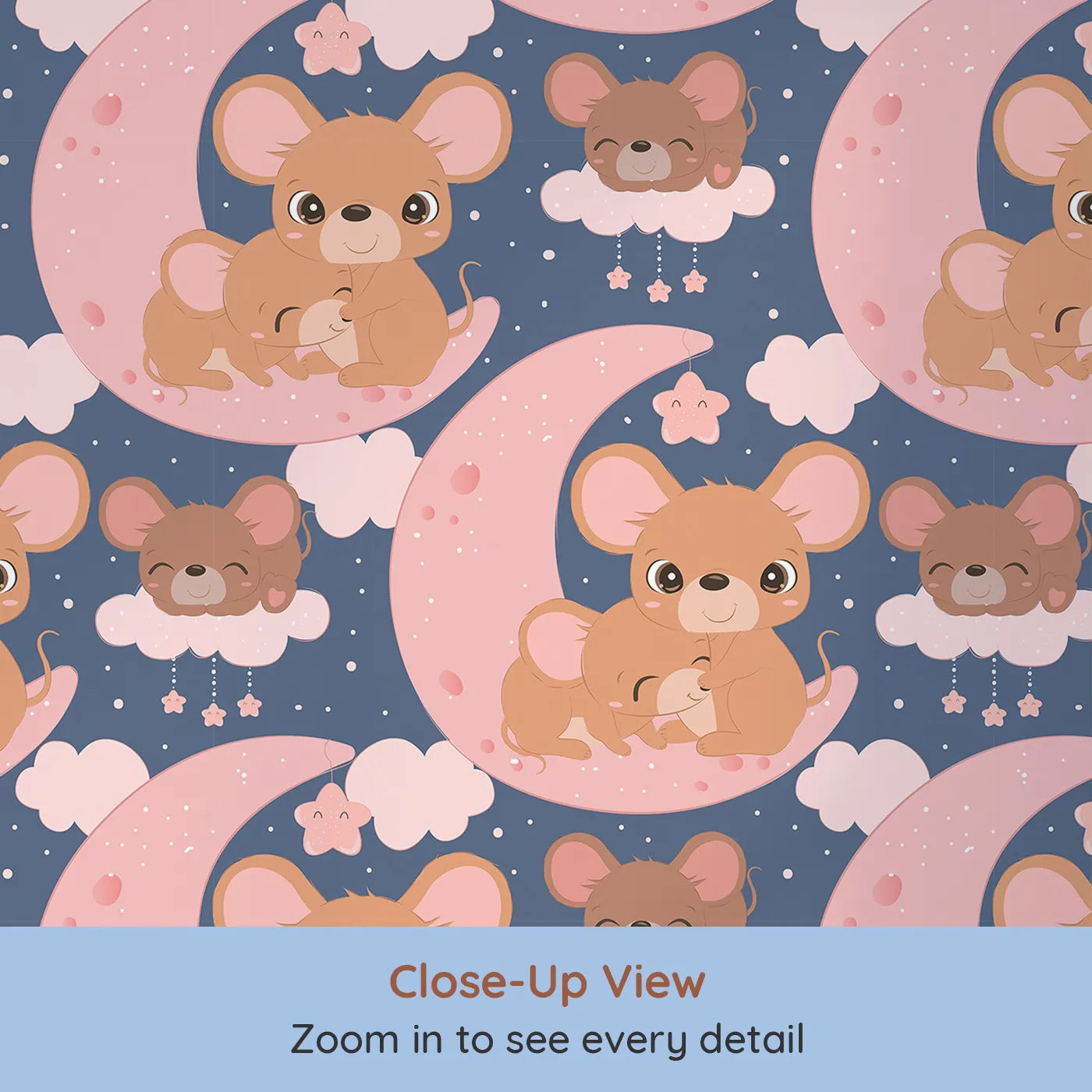 Close-up view of Whimsy Tots' Moonlight Mouse Cuddles Wallpaper in Navy Blue (W3022B).Sweet mice snuggled under stars bring warmth and wonder to bedtime.