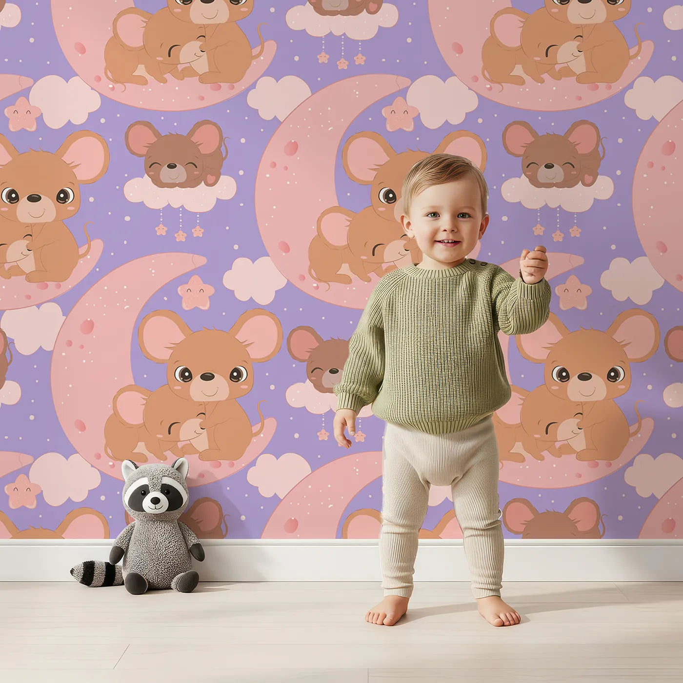 Lovely child standing in front of Whimsy Tots Moonlight Mouse Cuddles Wallpaper in Lavender with mouse, moon, cloud, star in design.