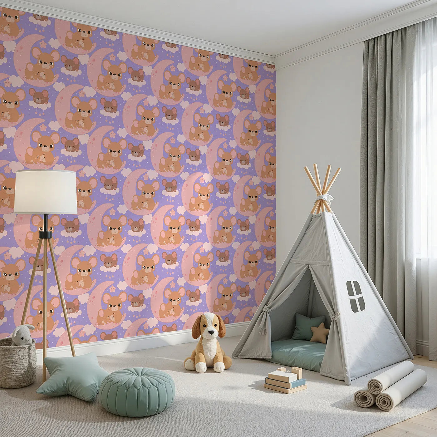 Angled view of Whimsy Tots' Moonlight Mouse Cuddles Wallpaper in Lavender (W3022C).Sweet mice snuggled under stars bring warmth and wonder to bedtime.