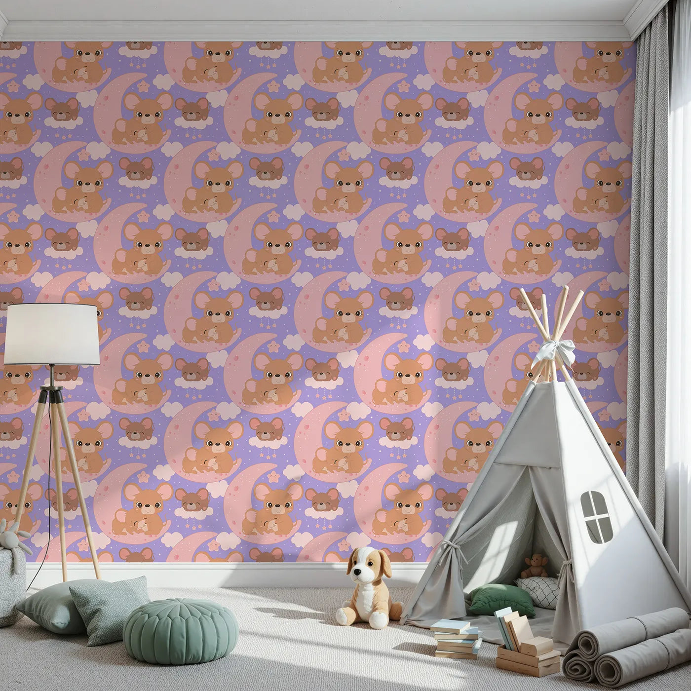 Front view of Whimsy Tots' Moonlight Mouse Cuddles Wallpaper in Lavender