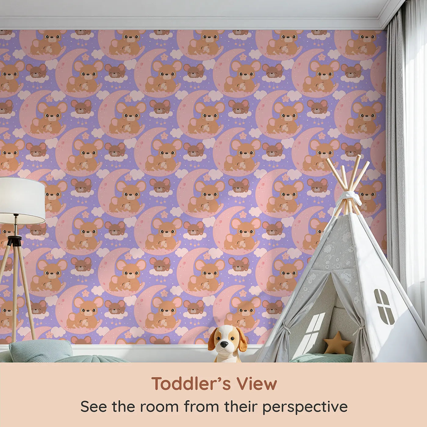 Whimsy Tots Moonlight Mouse Cuddles Wallpaper in Lavender (W3022C) from your child's view.Sweet mice snuggled under stars bring warmth and wonder to bedtime.