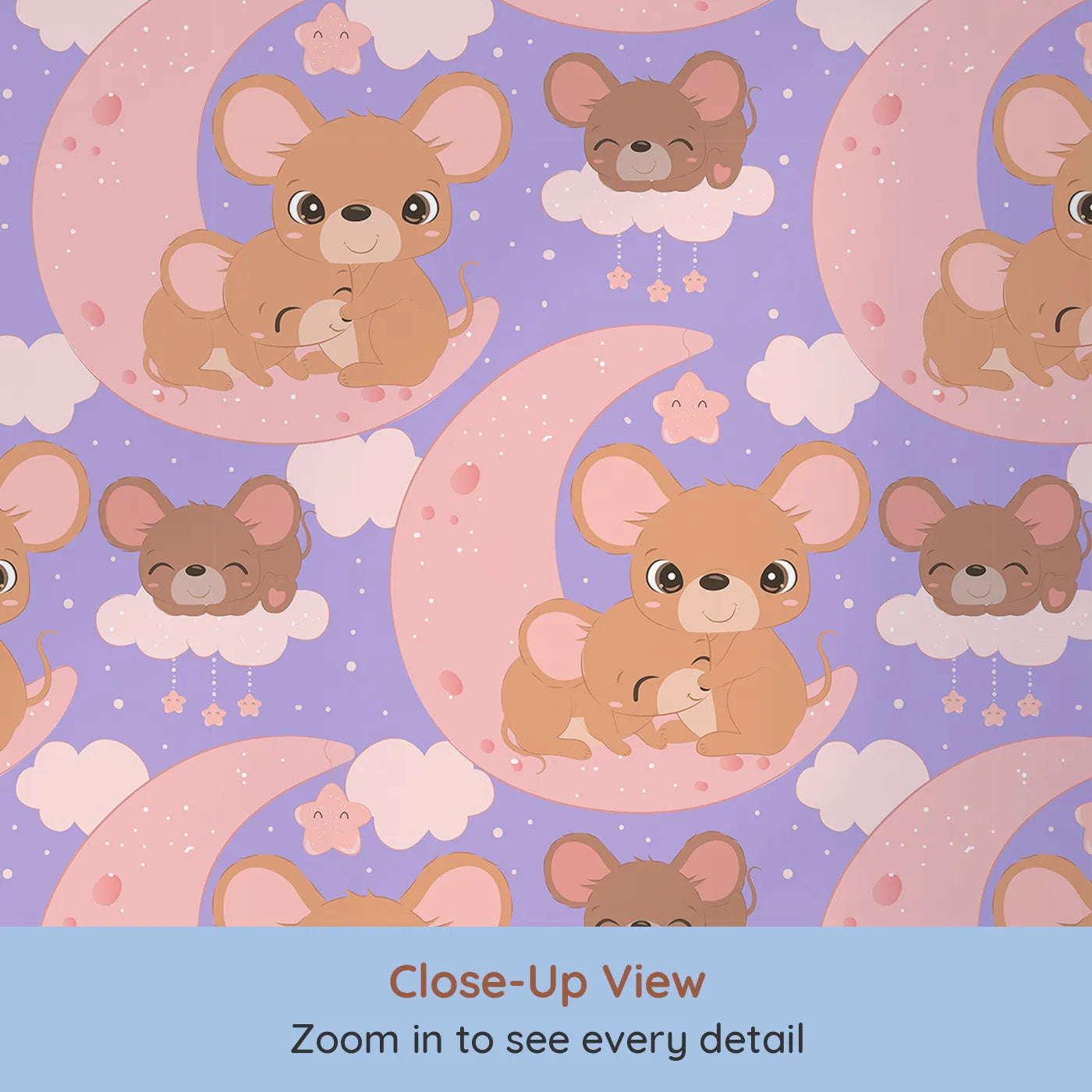 Close-up view of Whimsy Tots' Moonlight Mouse Cuddles Wallpaper in Lavender (W3022C).Sweet mice snuggled under stars bring warmth and wonder to bedtime.