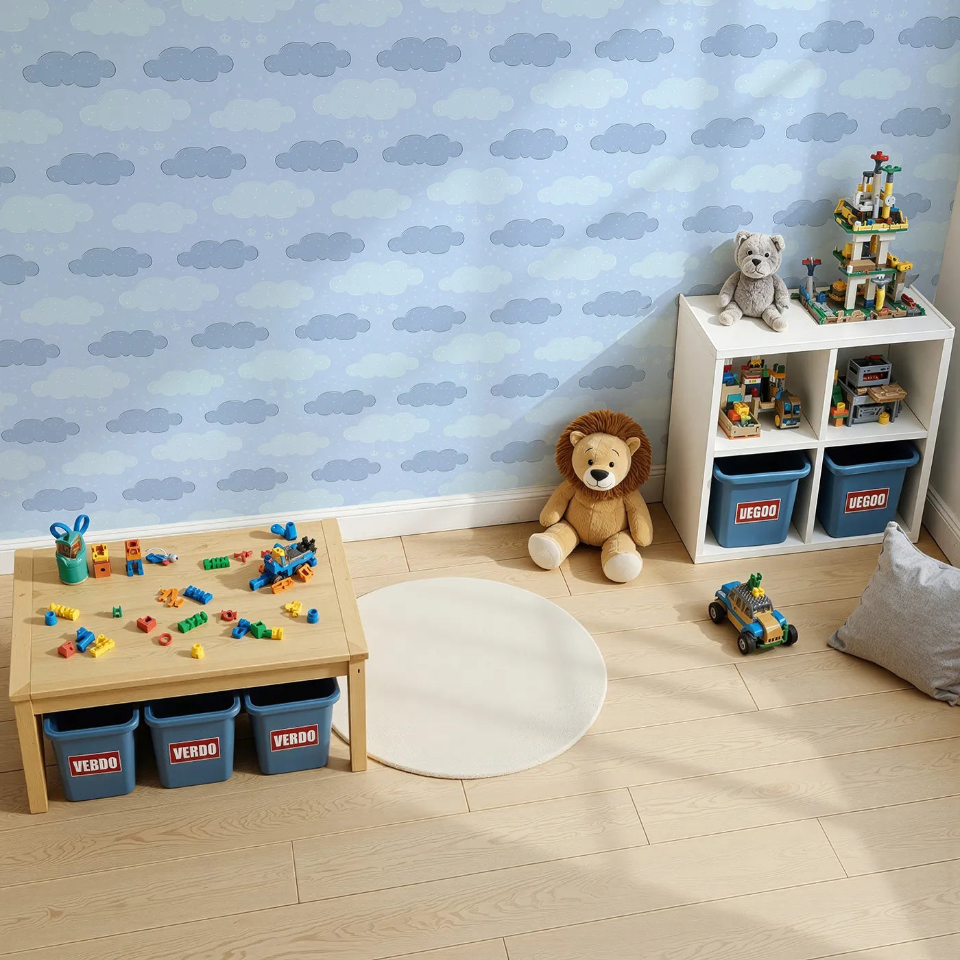 Top-Down view of Whimsy Tots' Dreamy Drizzle Clouds Wallpaper in Blue (W3023B).Floating clouds and sprinkle stars bring calm and cuddles to every corner.