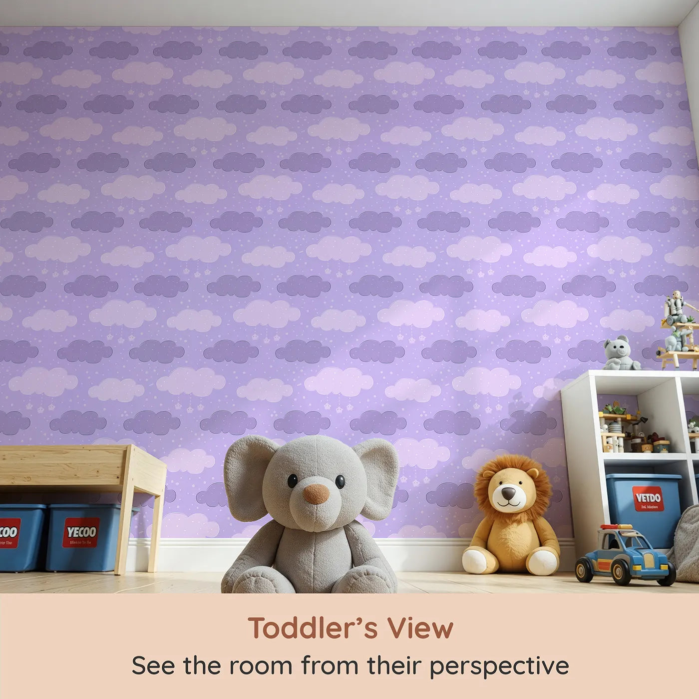 Whimsy Tots Dreamy Drizzle Clouds Wallpaper in Purple (W3023C) from your child's view.Floating clouds and sprinkle stars bring calm and cuddles to every corner.