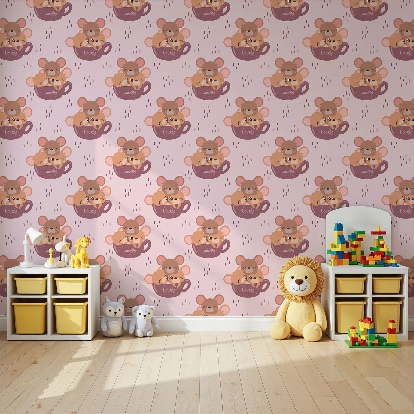 Angled view of Whimsy Tots' Lovely Tea Mice Wallpaper in Pink (W3024A).Sweet little mice in teacups turn every wall into a warm, whiskery hug.