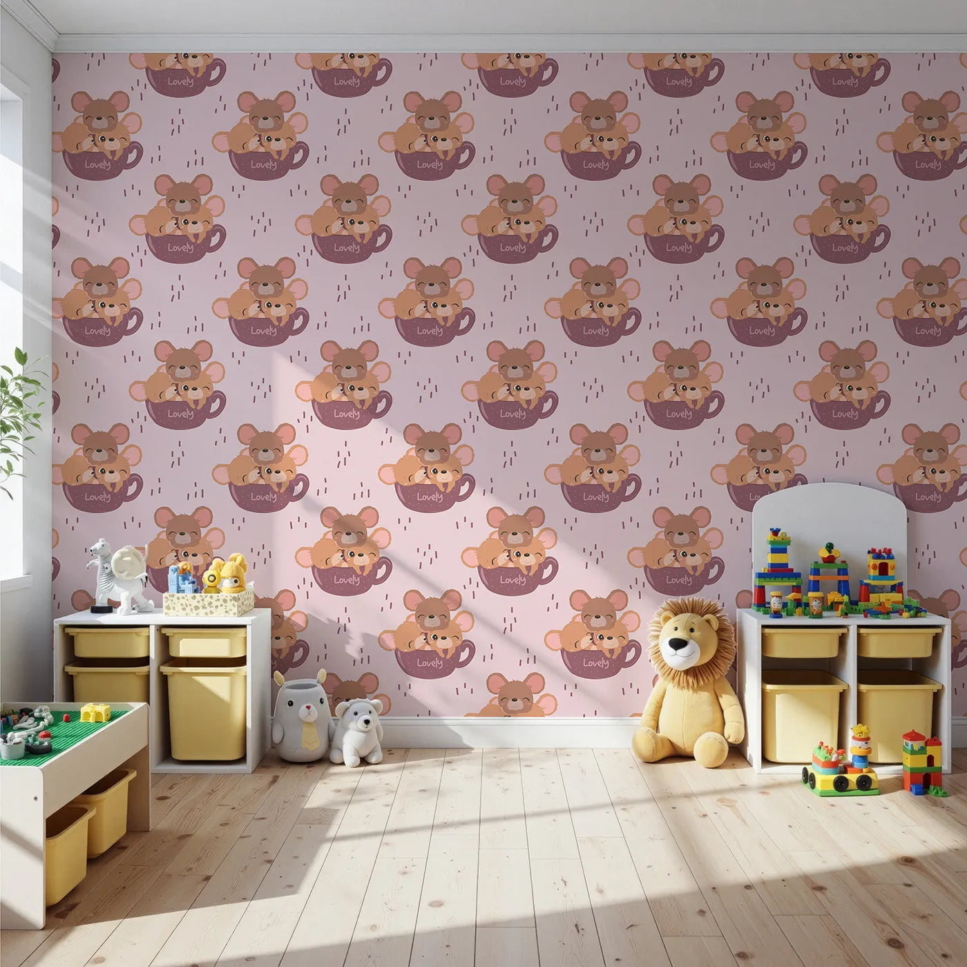 Front view of Whimsy Tots' Lovely Tea Mice Wallpaper in Pink