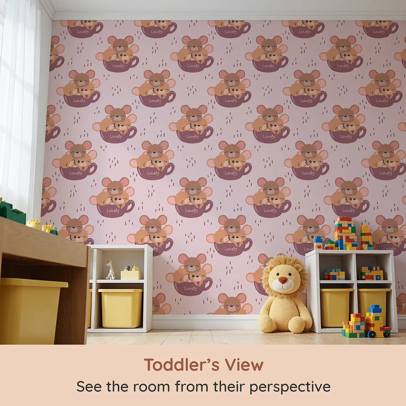 Whimsy Tots Lovely Tea Mice Wallpaper in Pink (W3024A) from your child's view.Sweet little mice in teacups turn every wall into a warm, whiskery hug.