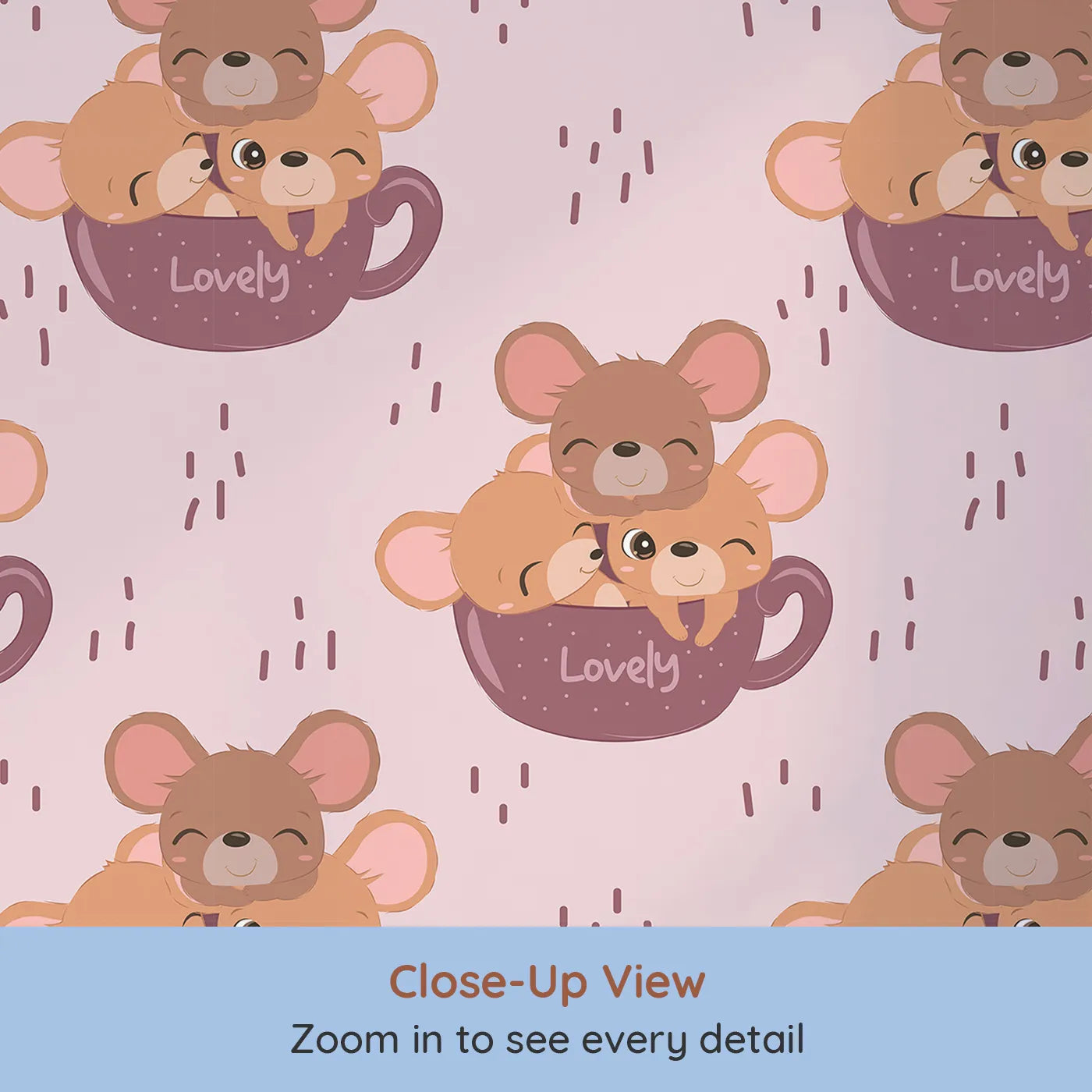 Close-up view of Whimsy Tots' Lovely Tea Mice Wallpaper in Pink (W3024A).Sweet little mice in teacups turn every wall into a warm, whiskery hug.