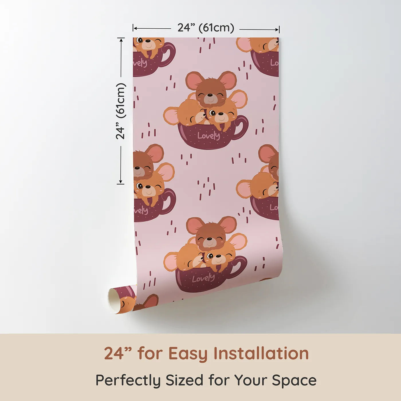 Dimension view of Whimsy Tots Lovely Tea Mice Wallpaper in Pink (W3024A). Printed in 24-inch-wide panel for easy installation. Sweet little mice in teacups turn every wall into a warm, whiskery hug.