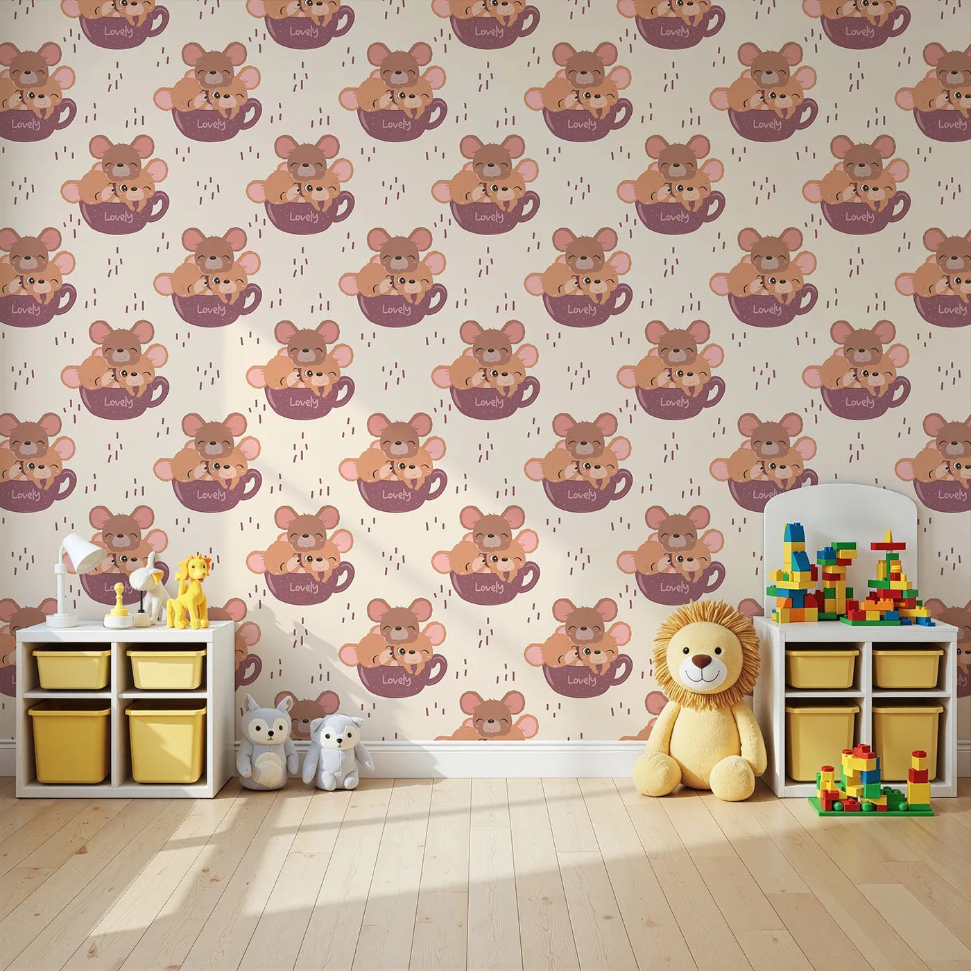 Angled view of Whimsy Tots' Lovely Tea Mice Wallpaper in Cream (W3024B).Sweet little mice in teacups turn every wall into a warm, whiskery hug.