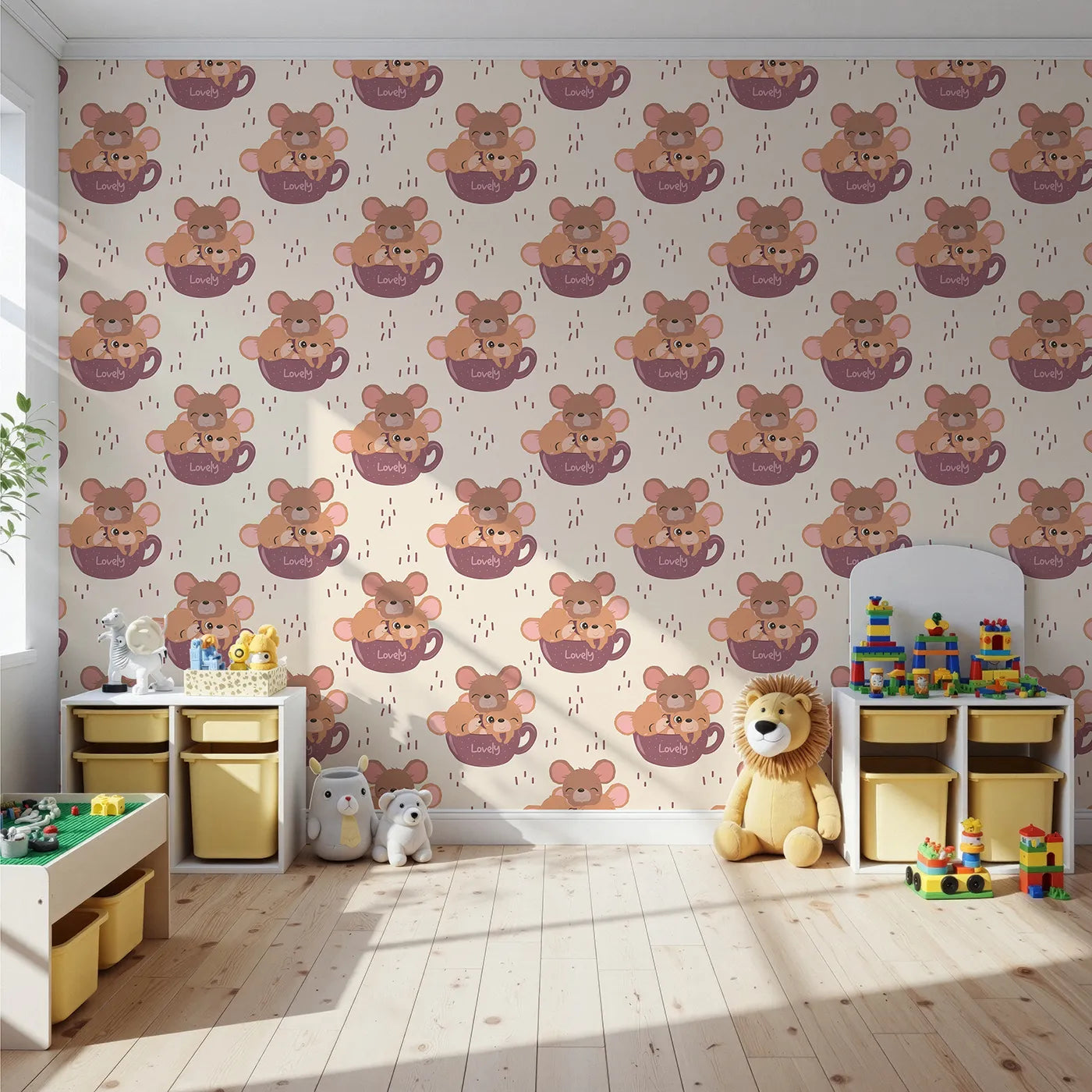 Front view of Whimsy Tots' Lovely Tea Mice Wallpaper in Cream