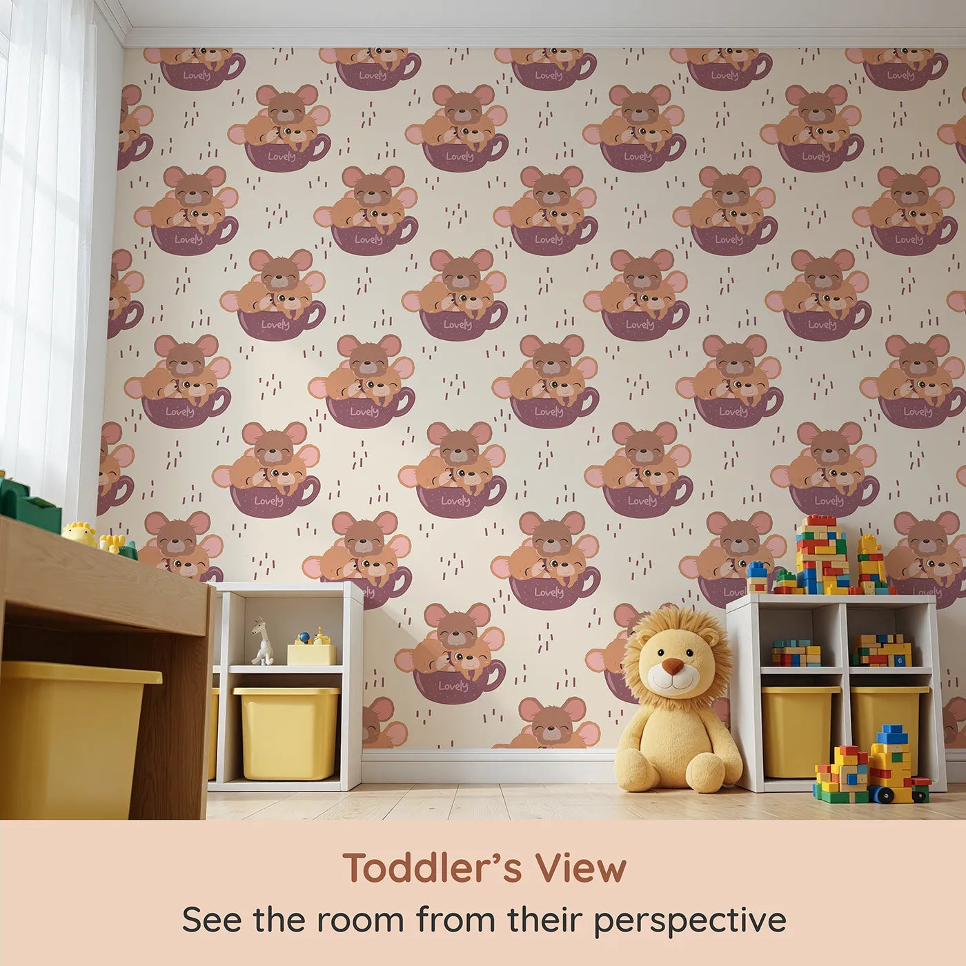 Whimsy Tots Lovely Tea Mice Wallpaper in Cream (W3024B) from your child's view.Sweet little mice in teacups turn every wall into a warm, whiskery hug.