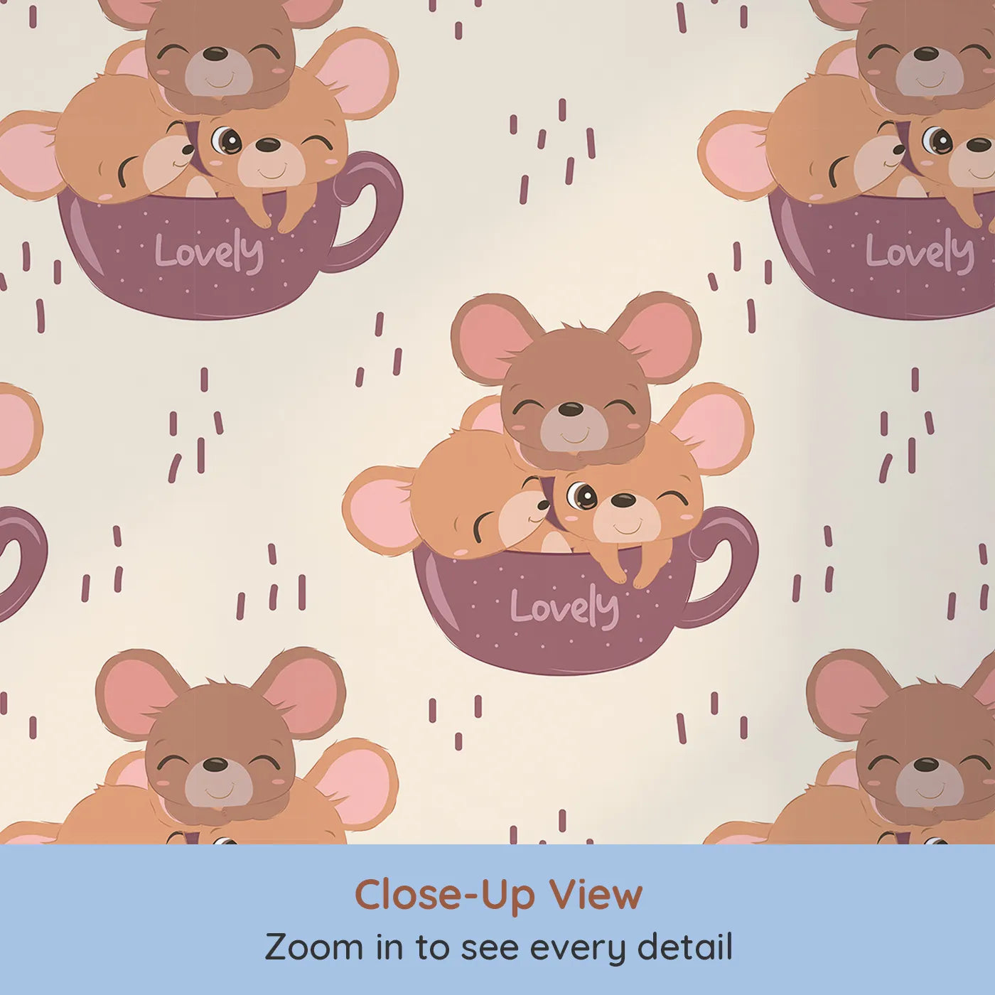 Close-up view of Whimsy Tots' Lovely Tea Mice Wallpaper in Cream (W3024B).Sweet little mice in teacups turn every wall into a warm, whiskery hug.