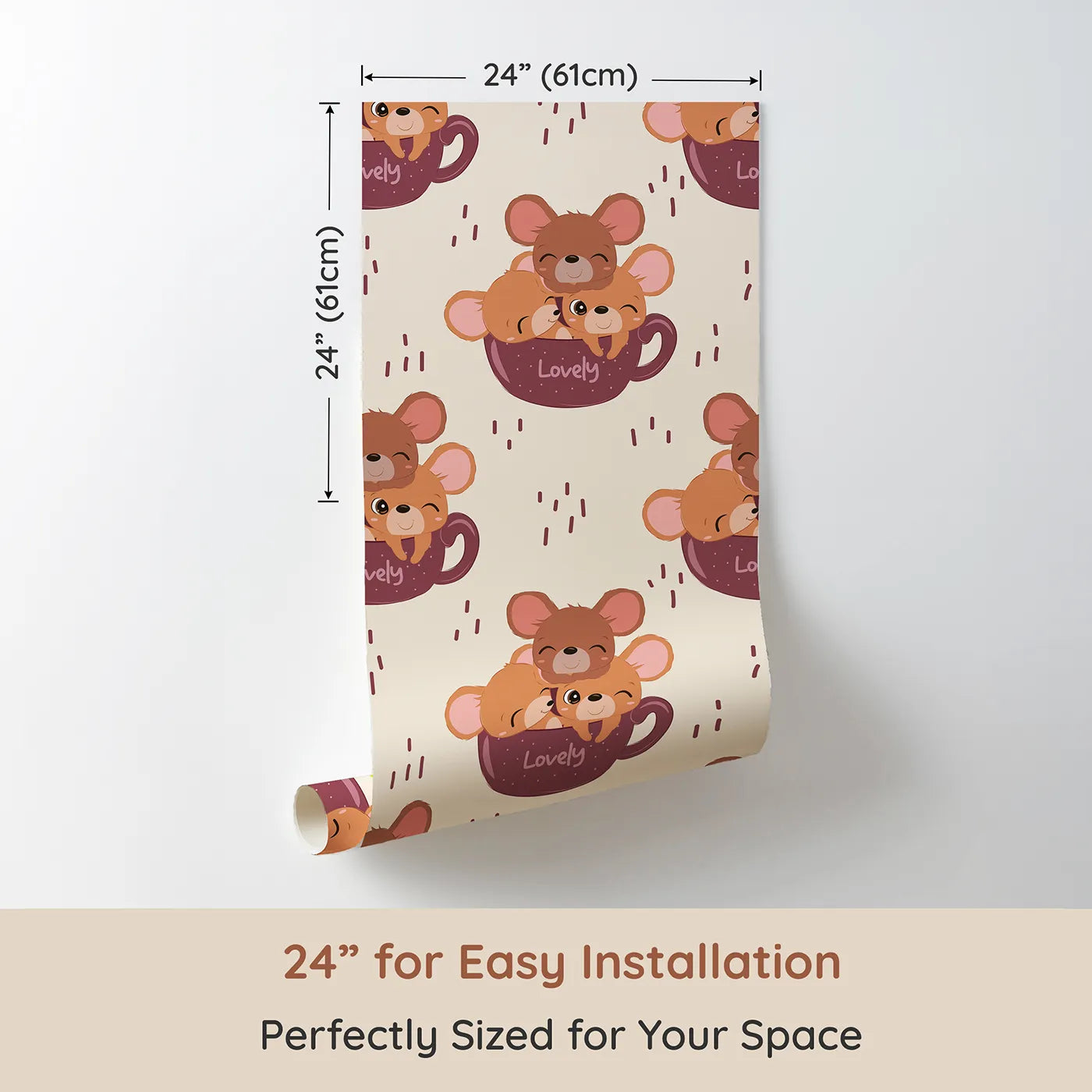 Dimension view of Whimsy Tots Lovely Tea Mice Wallpaper in Cream (W3024B). Printed in 24-inch-wide panel for easy installation. Sweet little mice in teacups turn every wall into a warm, whiskery hug.