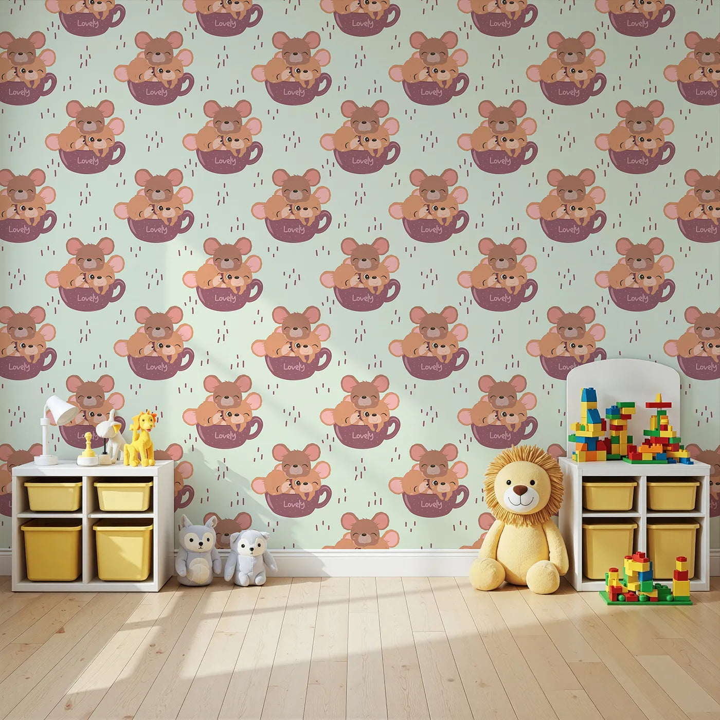 Angled view of Whimsy Tots' Lovely Tea Mice Wallpaper in Mint Green (W3024C).Sweet little mice in teacups turn every wall into a warm, whiskery hug.