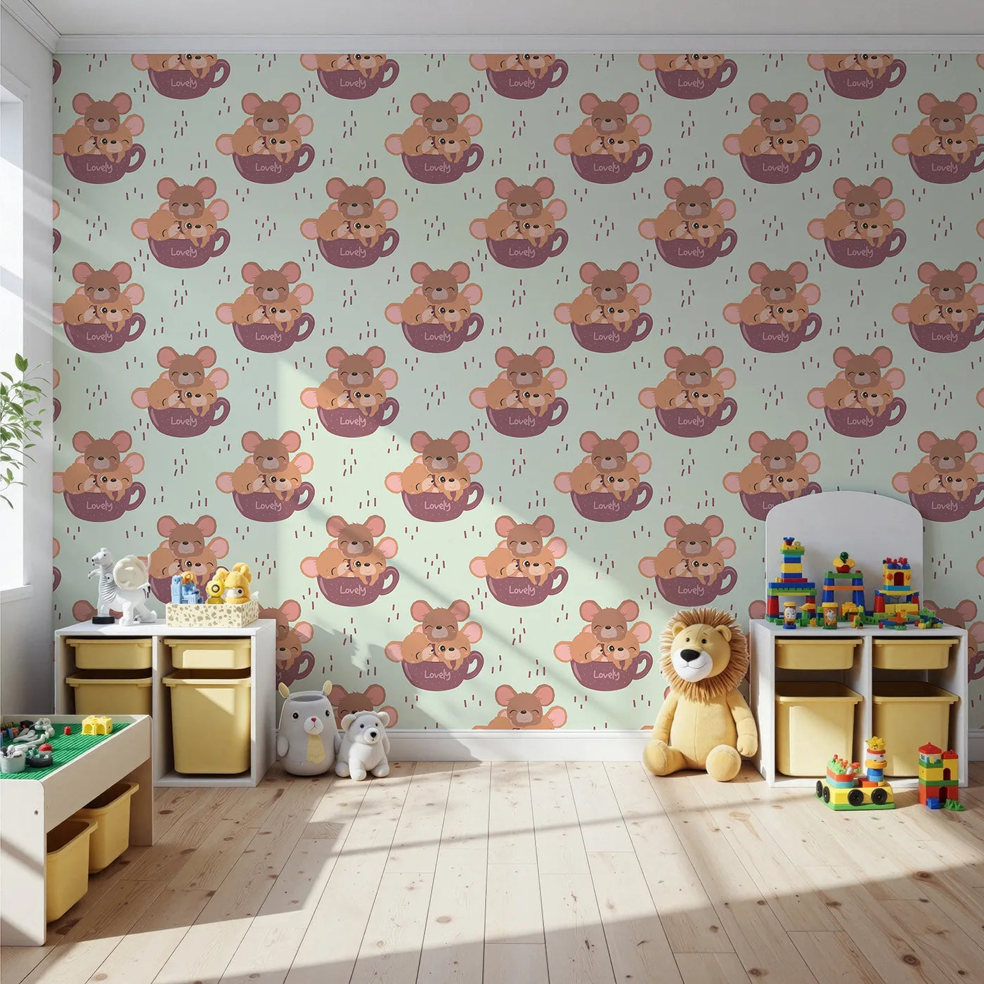 Front view of Whimsy Tots' Lovely Tea Mice Wallpaper in Mint Green