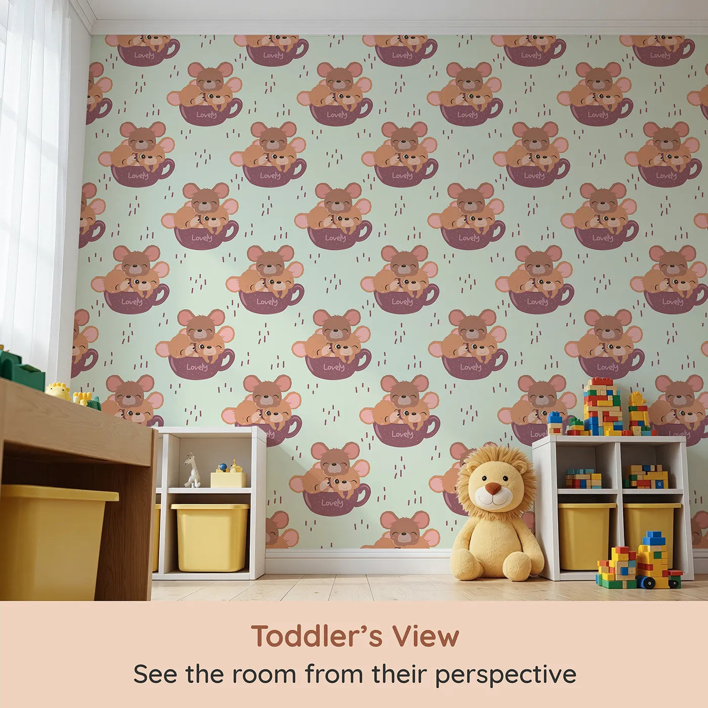 Whimsy Tots Lovely Tea Mice Wallpaper in Mint Green (W3024C) from your child's view.Sweet little mice in teacups turn every wall into a warm, whiskery hug.